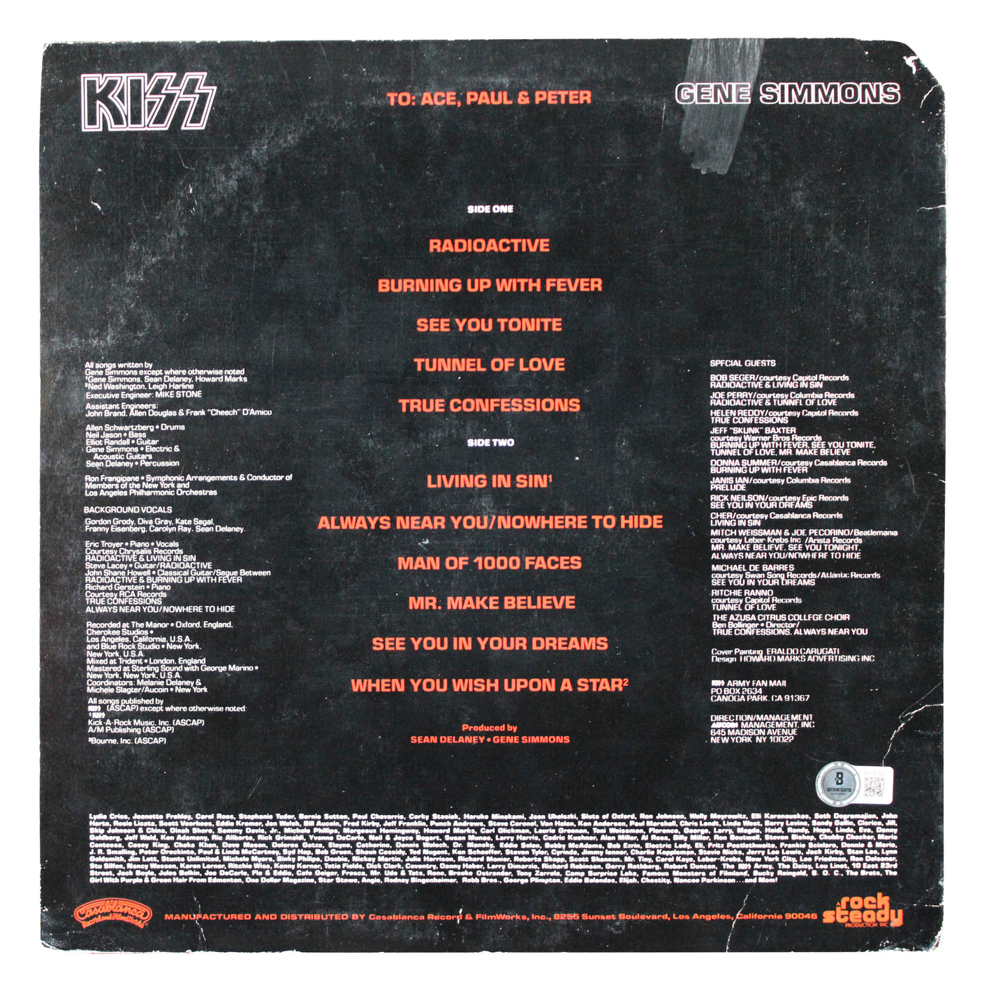 Gene Simmons Authentic Signed KISS Solo 1978 Album Cover W/ Vinyl BAS #BS78249