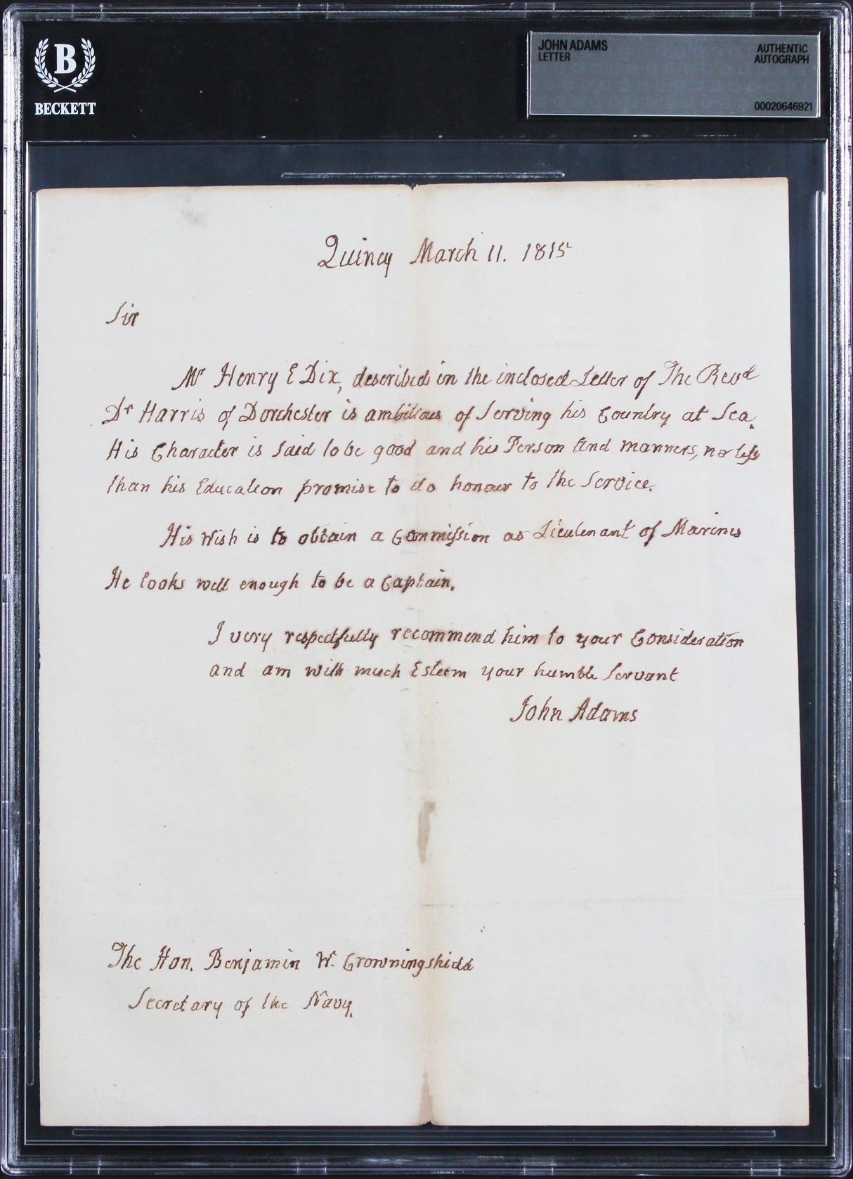 John Adams Signed 8x9.75 1815 Handwritten Recommendation Letter BAS Slabbed