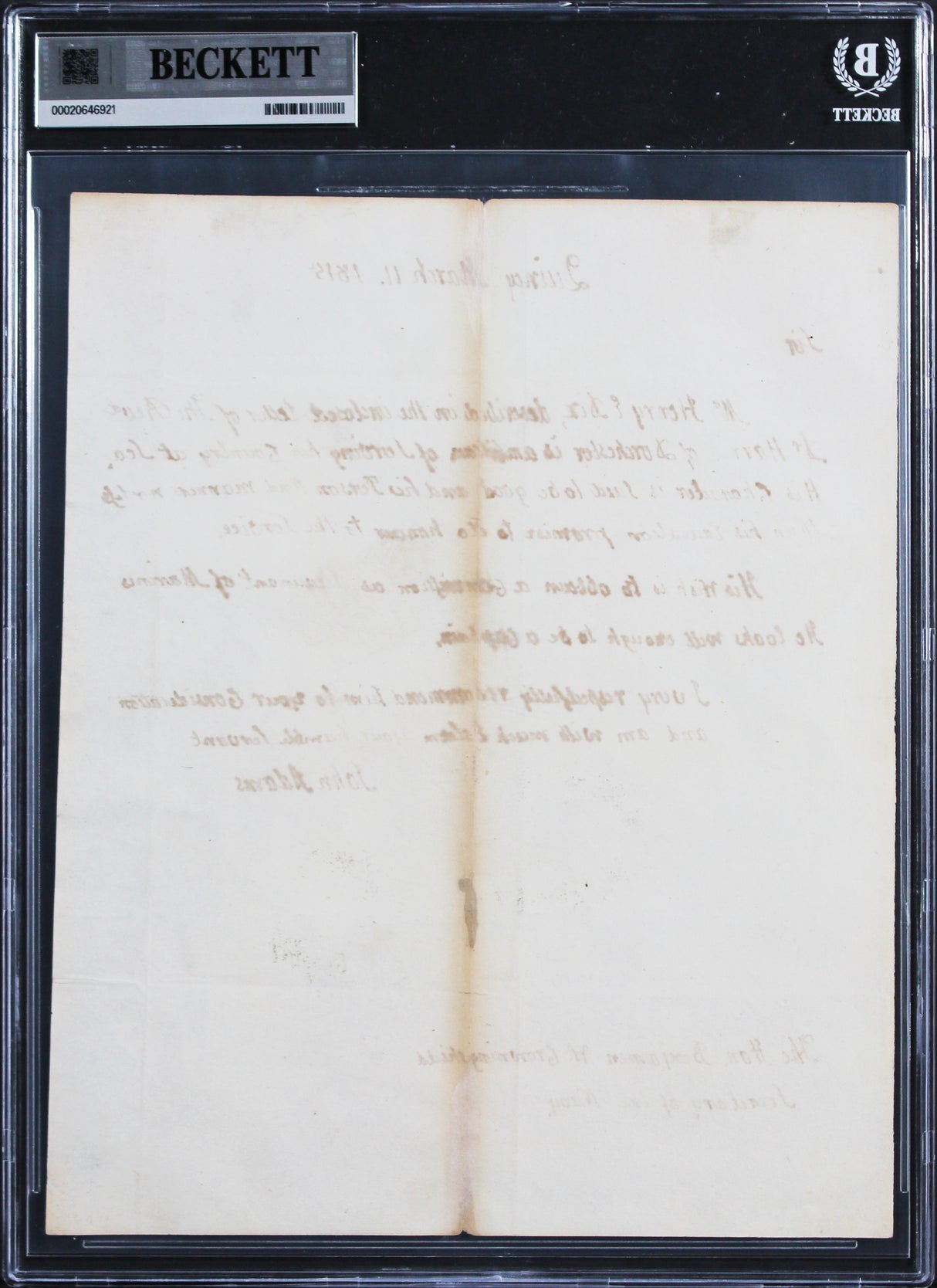 John Adams Signed 8x9.75 1815 Handwritten Recommendation Letter BAS Slabbed