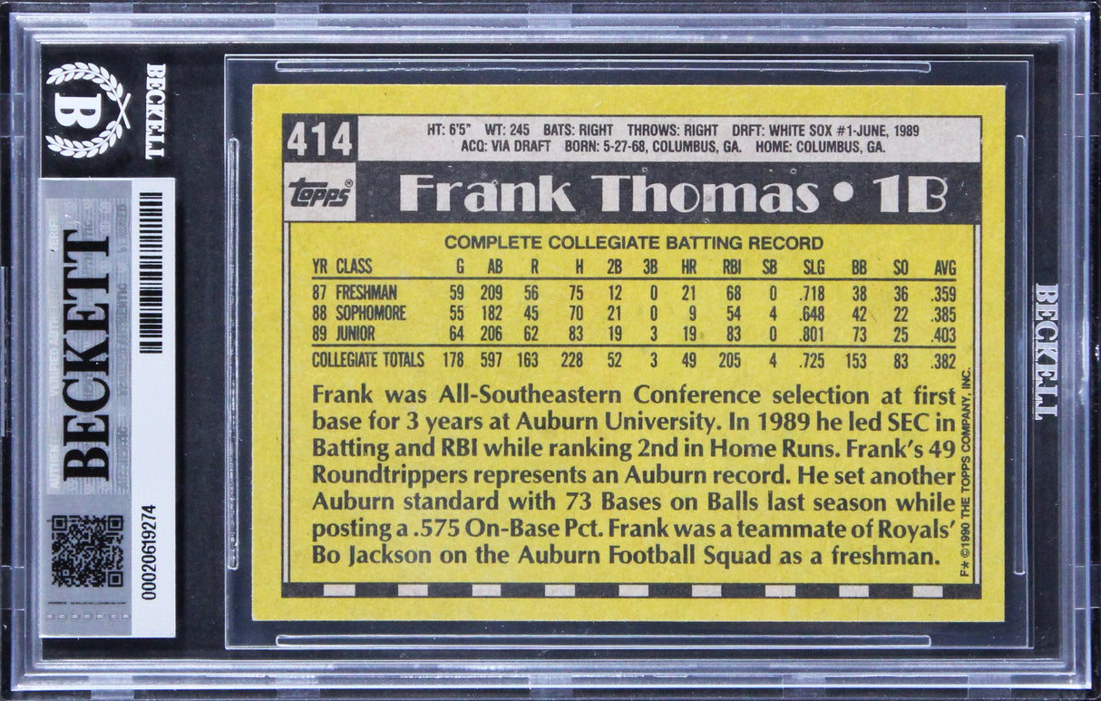 White Sox Frank Thomas Signed 1990 Topps #414 Rookie Card Auto 10! BAS Slabbed