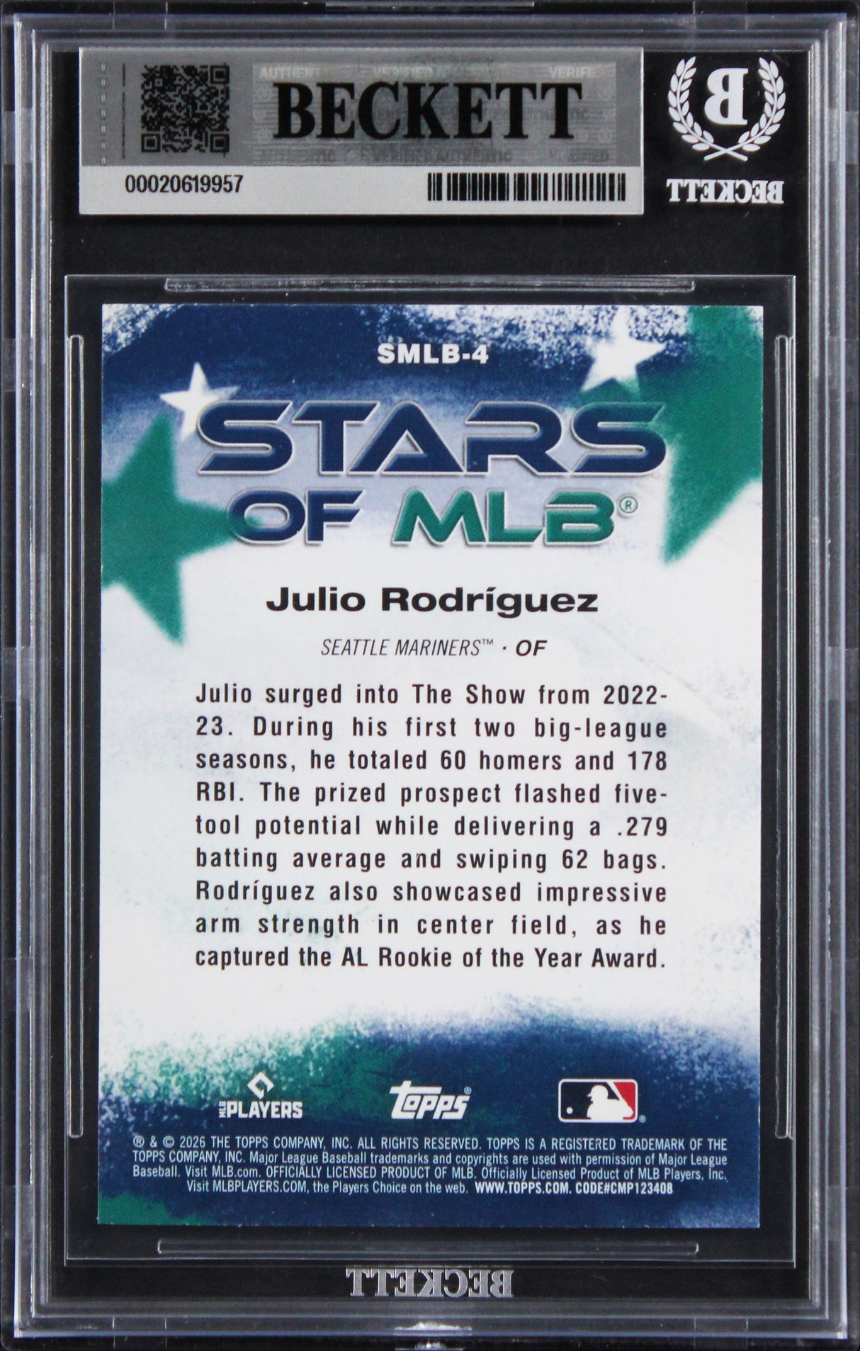 Mariners Julio Rodriguez Signed 2026 Topps #SMLB4 Card Auto GM 10! BAS Slabbed