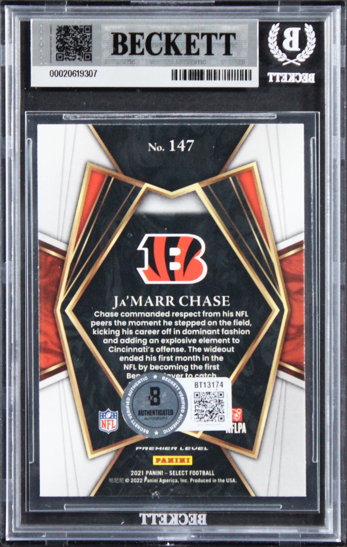 Bengals Ja'Marr Chase Signed 2021 Select #147 Rookie Card Auto 10! BAS Slabbed