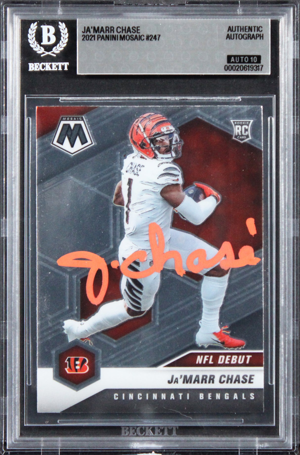 Bengals Ja'Marr Chase Signed 2021 Panini Mosaic #247 RC Card Auto 10! BAS Slab