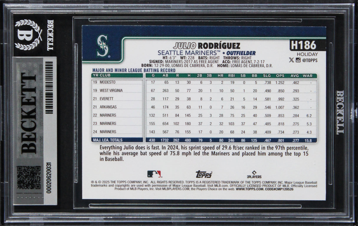 Mariners Julio Rodriguez Signed 2025 Topps Holiday #H186 Card Auto 10! BAS Slab