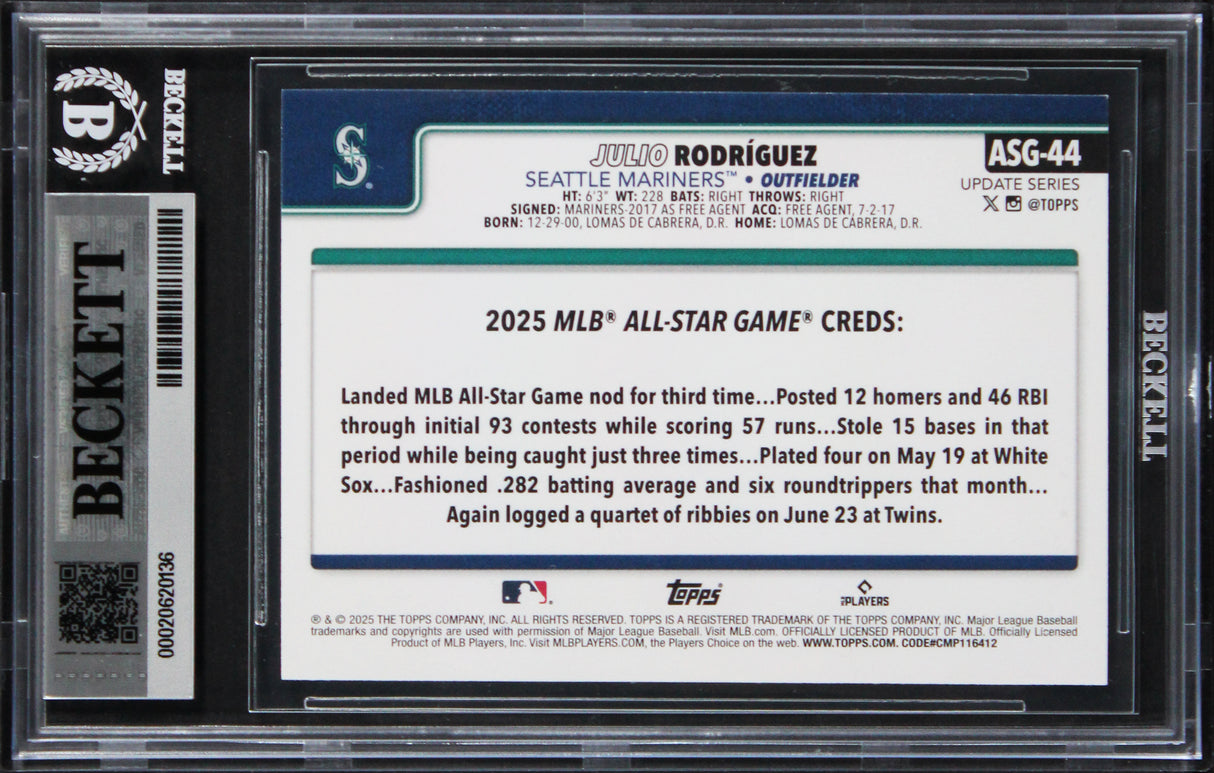 Mariners Julio Rodriguez Signed 2025 Topps Update #ASG44 Card Auto 10! BAS Slab