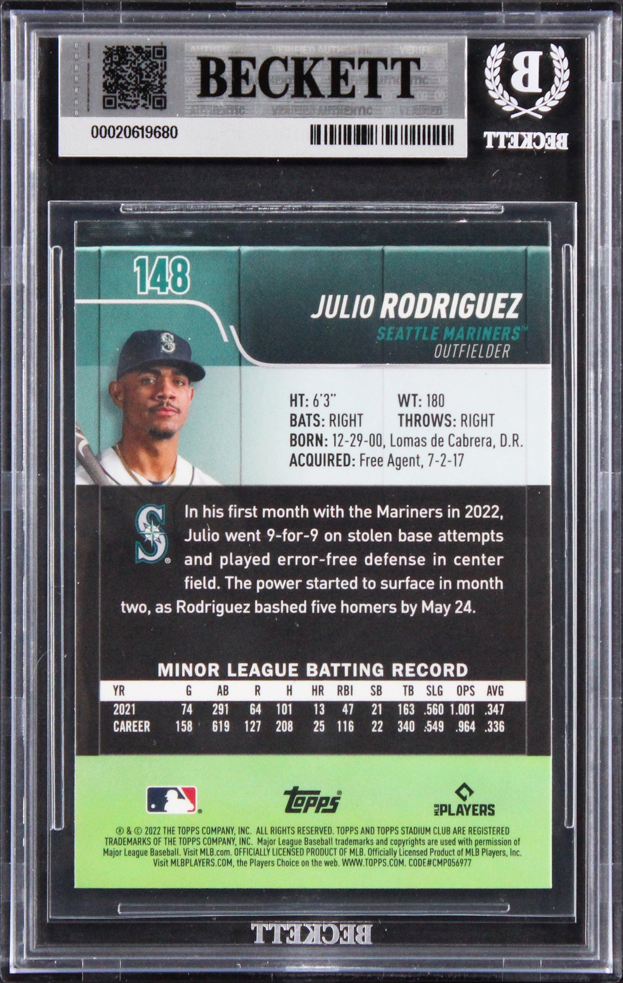 Mariners Julio Rodriguez Signed 2022 Stadium Club #148 RC Card Auto 10! BAS Slab