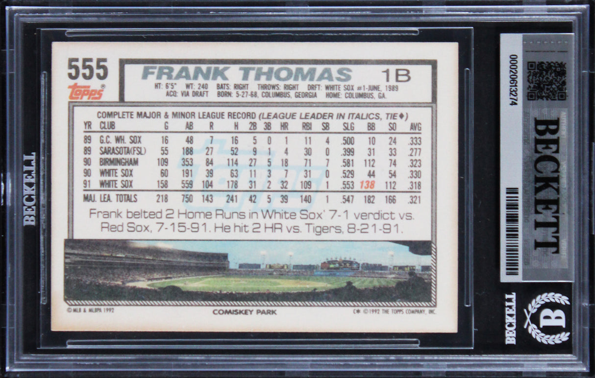 White Sox Frank Thomas Signed 1992 Topps #555 Card Auto Grade 10! BAS Slabbed