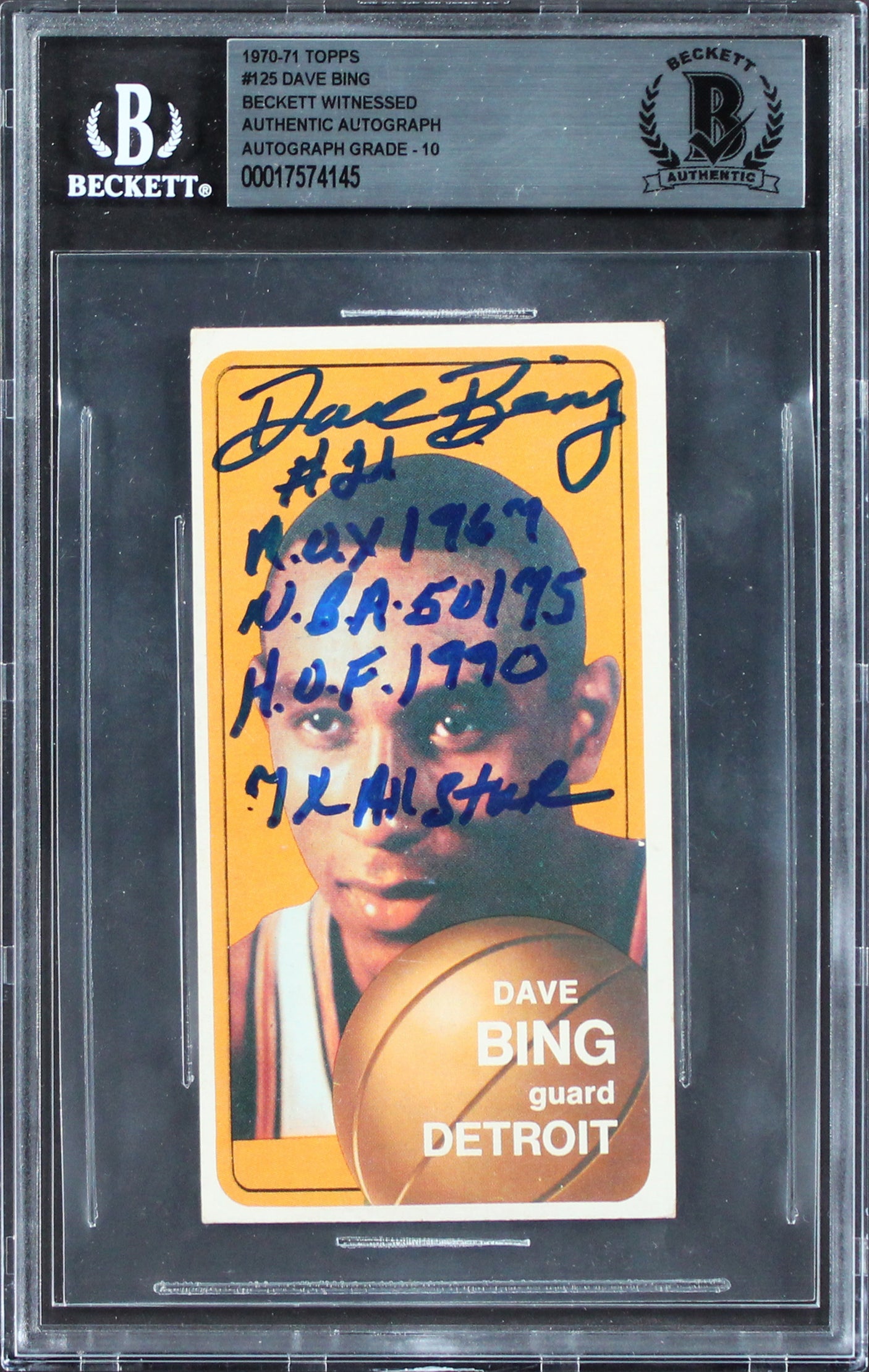 Pistons Dave Bing "4x Insc" Signed 1970 Topps #125 Rookie Card BAS Slabbed