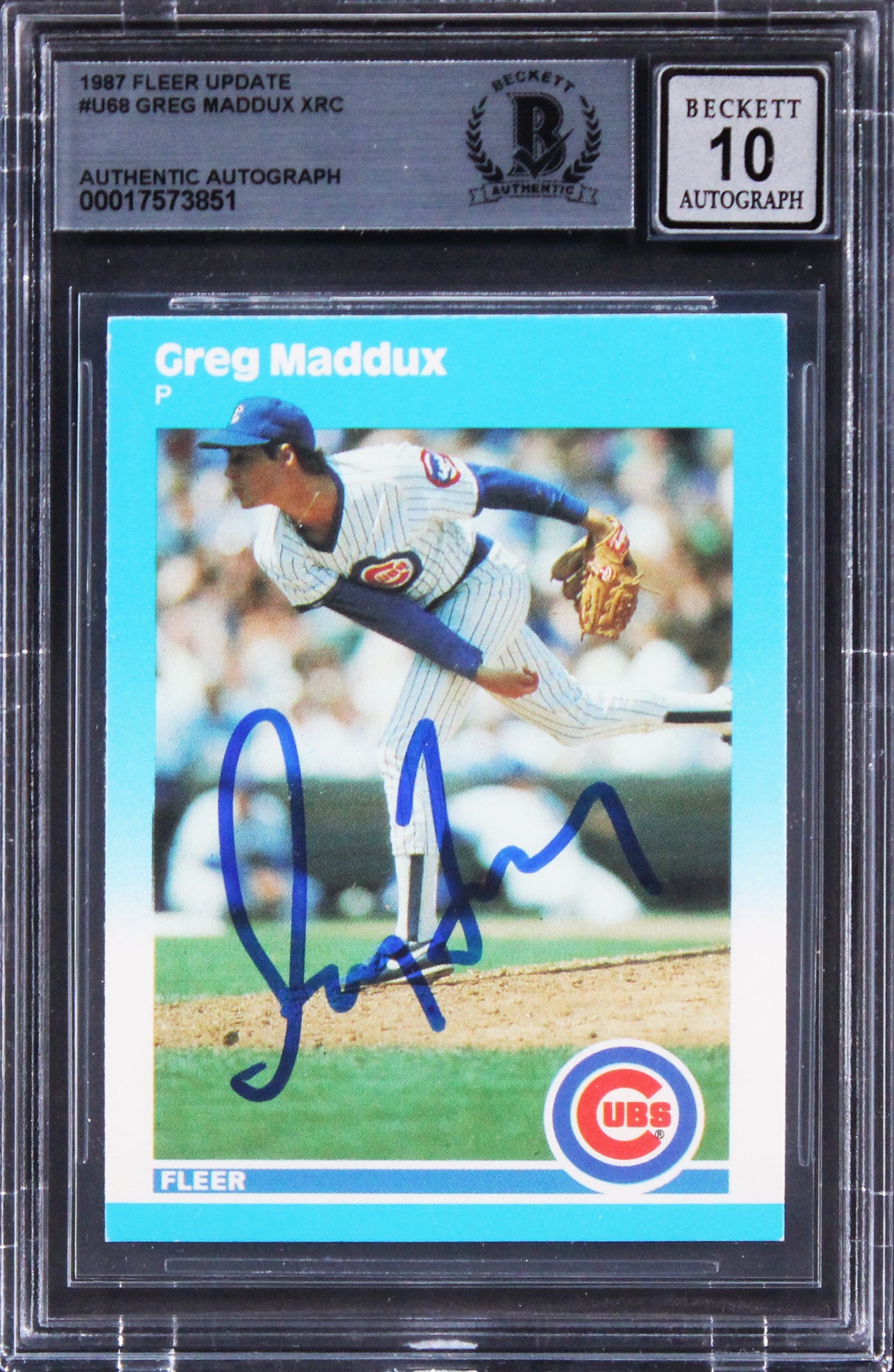 Cubs Greg Maddux Signed 1987 Fleer Update #U68 Rookie Card Auto 10! BAS Slabbed