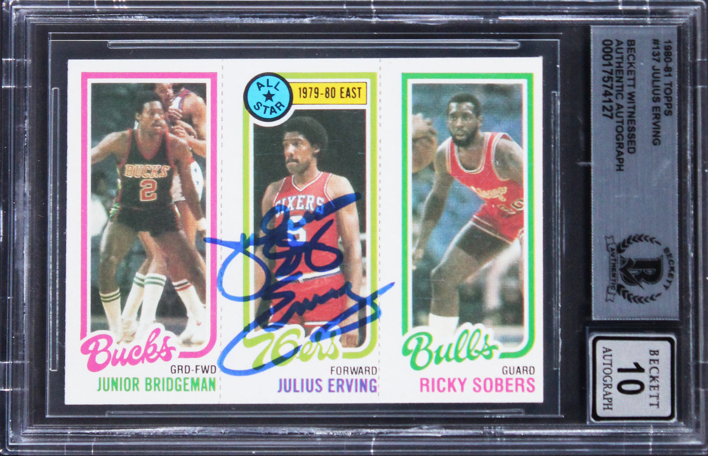 76ers Julius Erving Authentic Signed 1980 Topps #137 Card Auto 10! BAS Slabbed