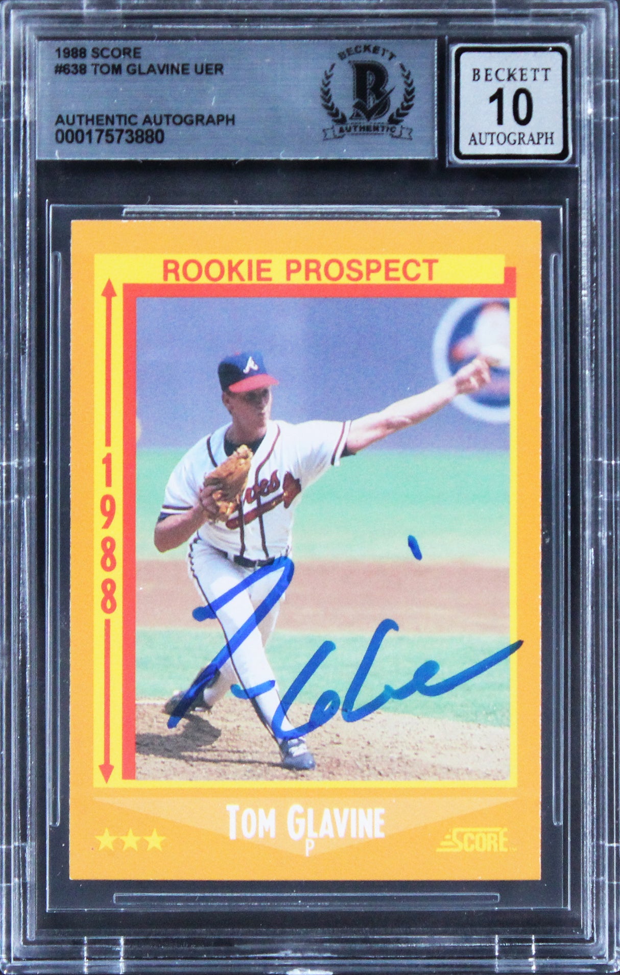 Braves Tom Glavine Signed 1988 Score #638 Rookie Card Auto 10! BAS Slabbed