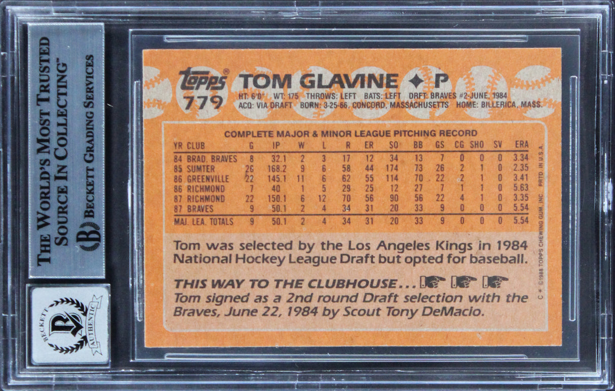 Braves Tom Glavine Signed 1988 Topps #779 Rookie Card Auto 10! BAS Slabbed