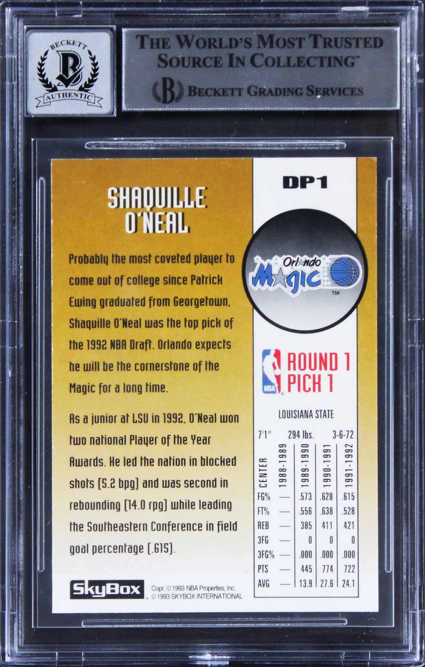 Magic Shaquille O'Neal Signed 1992 Skybox DP #DP1 Rookie Card Auto 10 BAS Slab 2