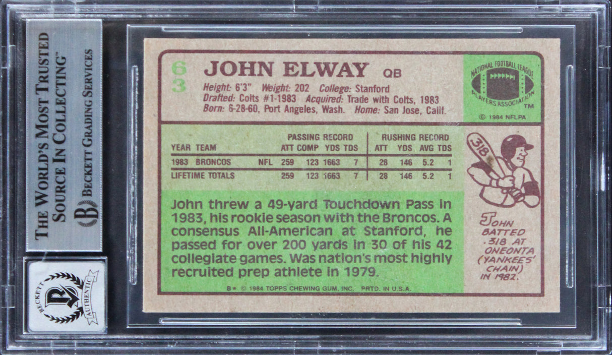 Broncos John Elway Signed 1984 Topps #63 Rookie Card Auto 10! BAS Slabbed 1