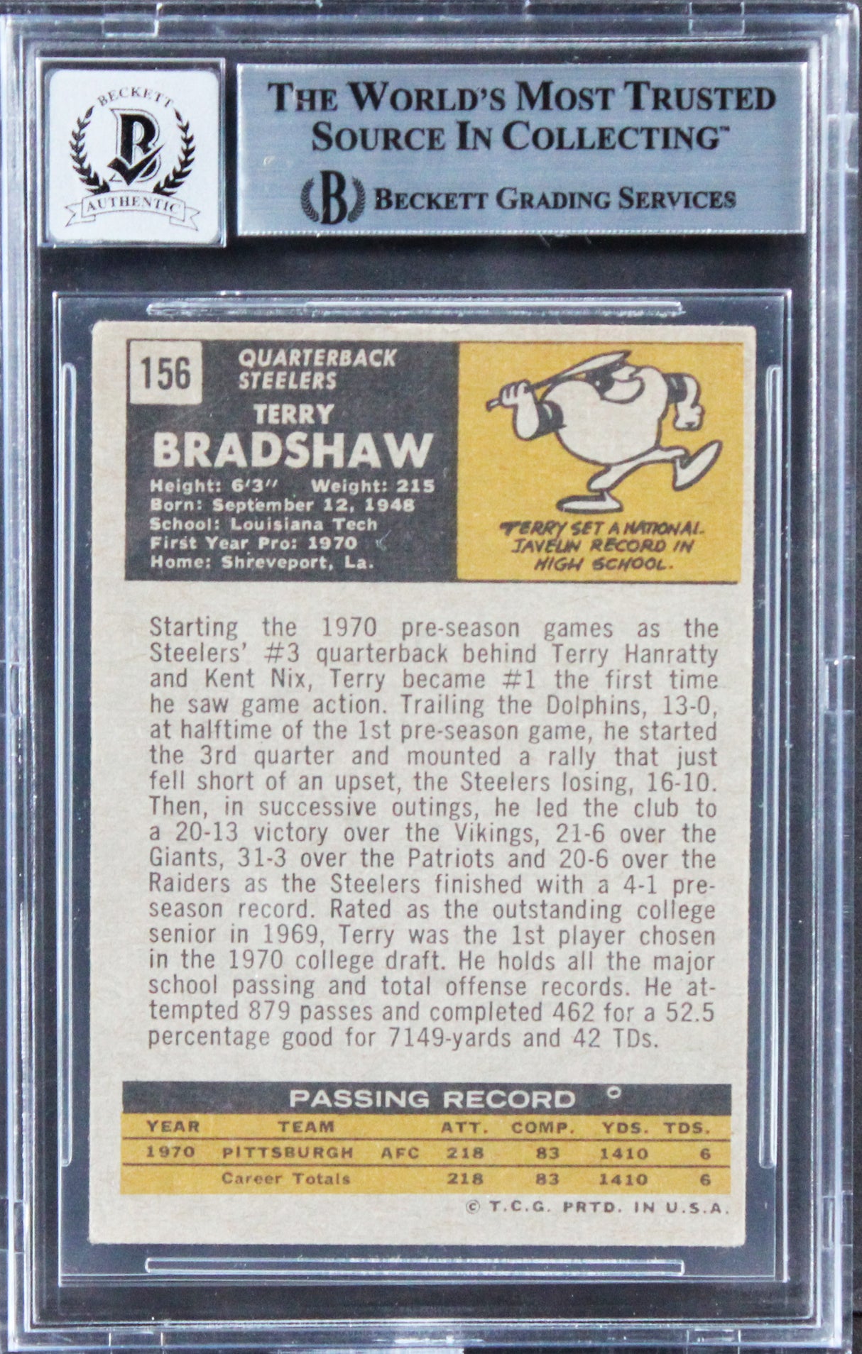 Steelers Terry Bradshaw Authentic Signed 1971 Topps #156 Card Auto 10 BAS Slab 3