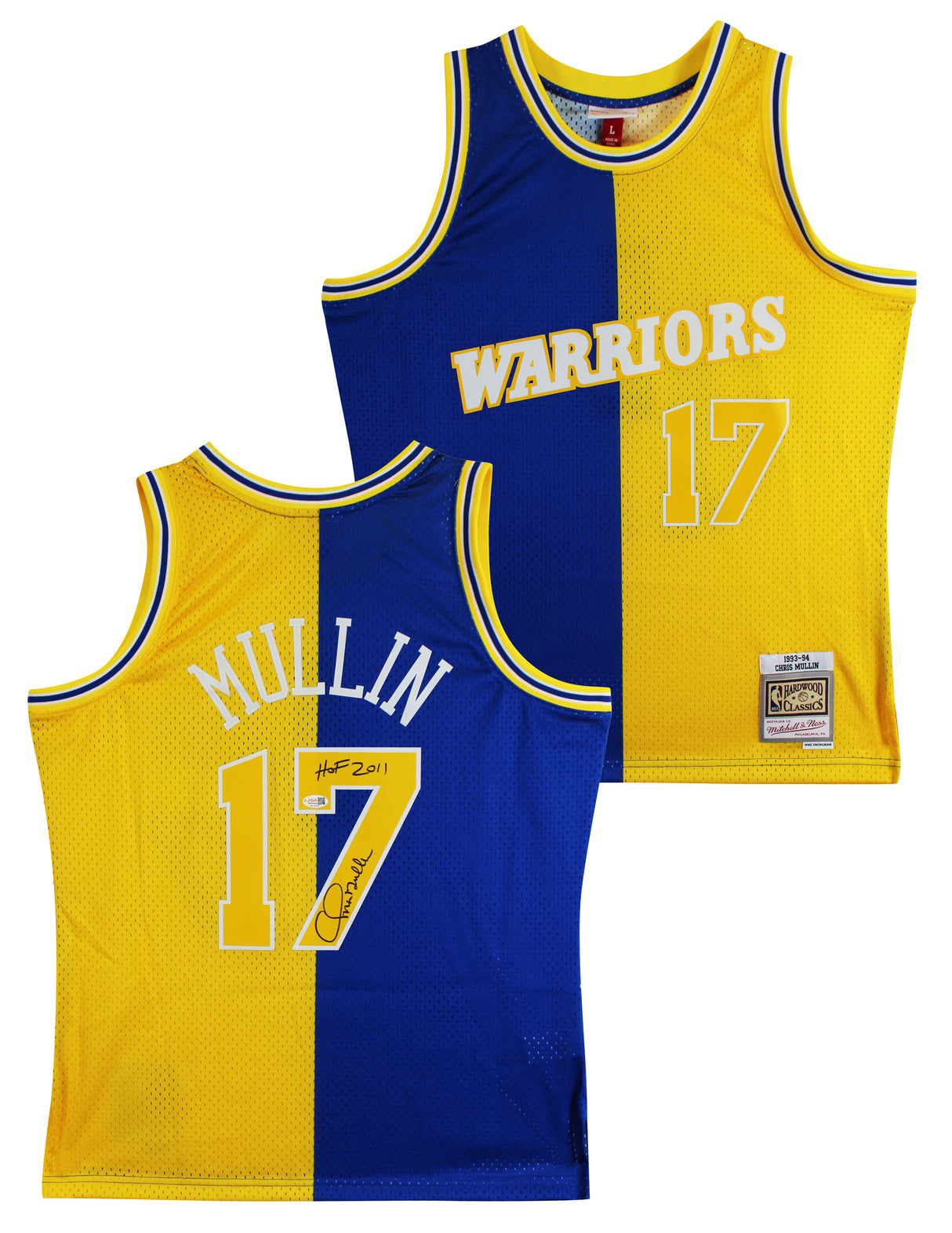 Warriors Chris Mullin "HOF" Signed Blue & Yellow M&N TB HWC Swingman Jersey JSA