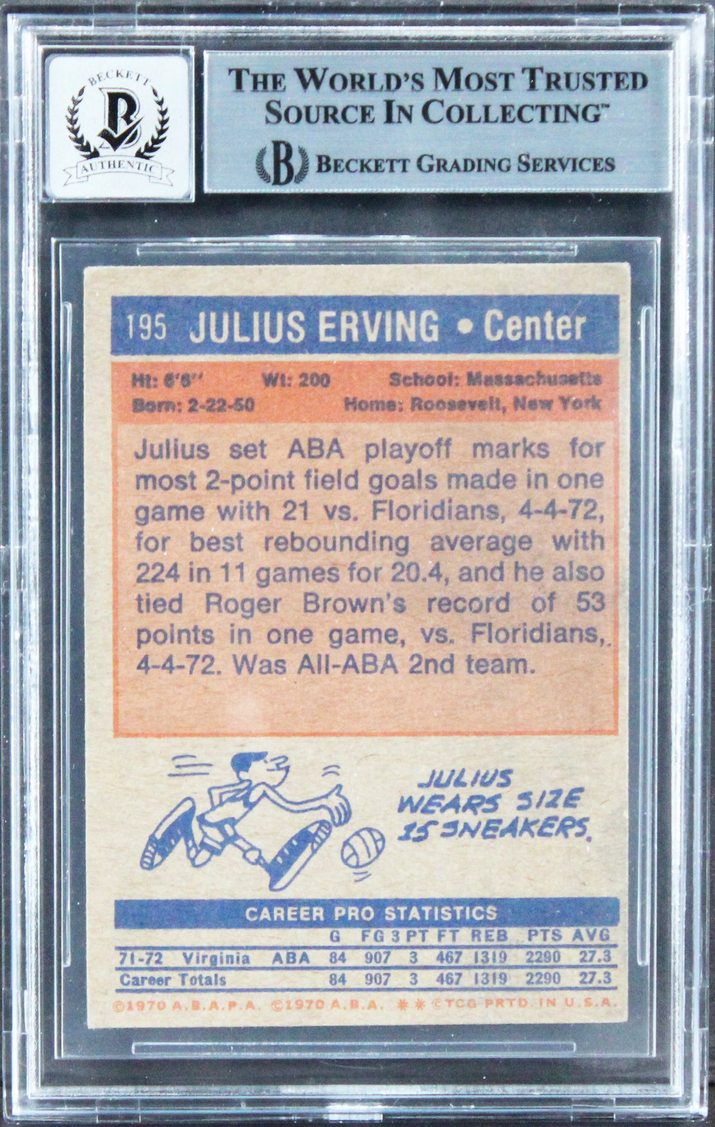 Julius Erving Authentic Signed 1972 Topps #195 Rookie Card Auto 10! BAS Slabbed