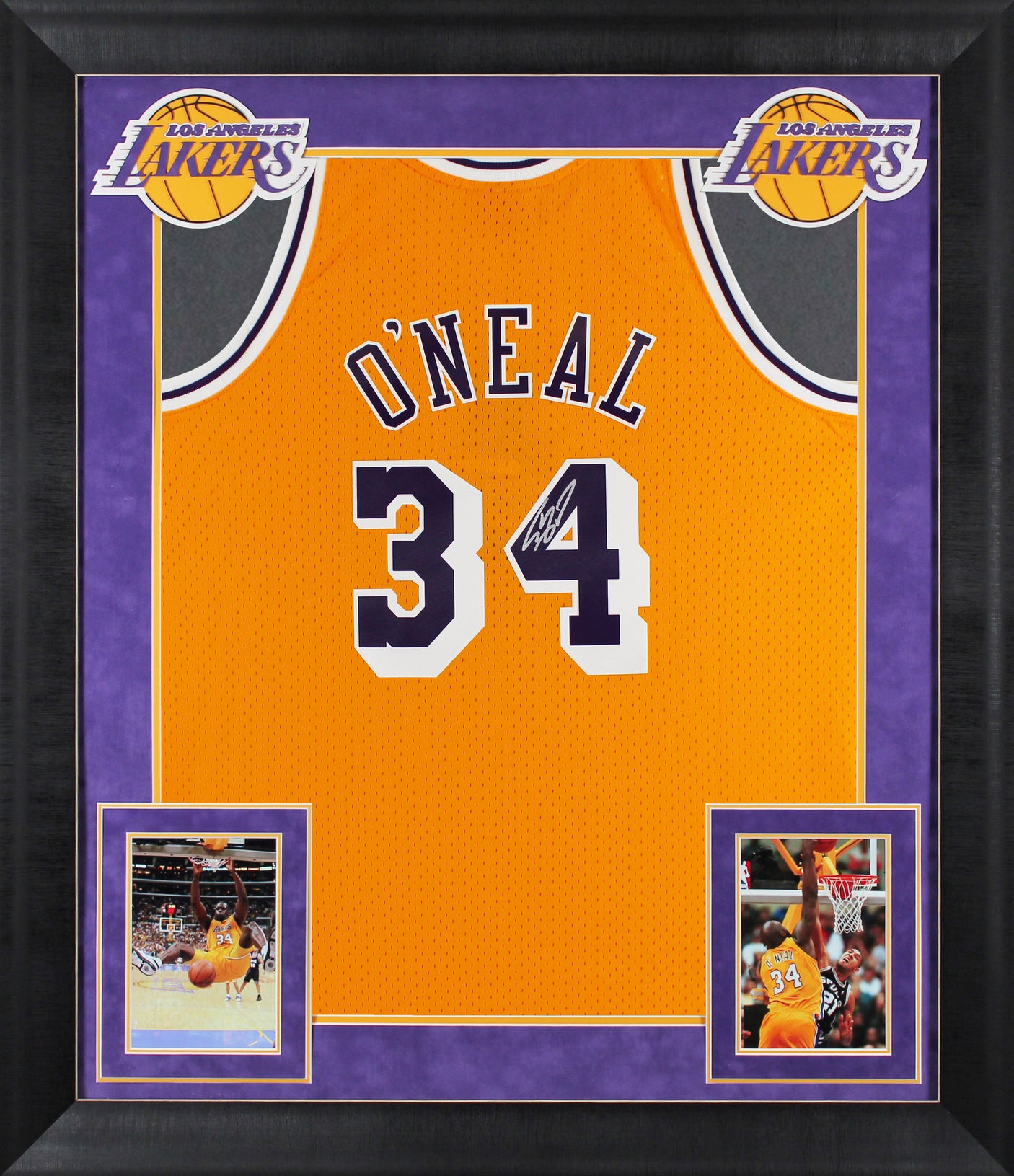 Lakers Shaquille O'Neal Signed Yellow M&N 96-97 HWC Swingman Framed Jersey BAS W