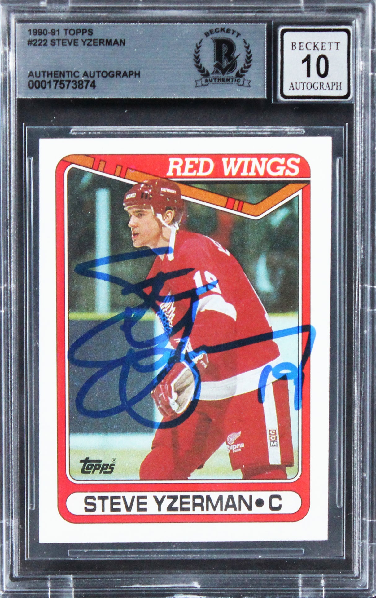 Red Wings Steve Yzerman Signed 1990 Topps #222 Card Auto 10! BAS Slabbed