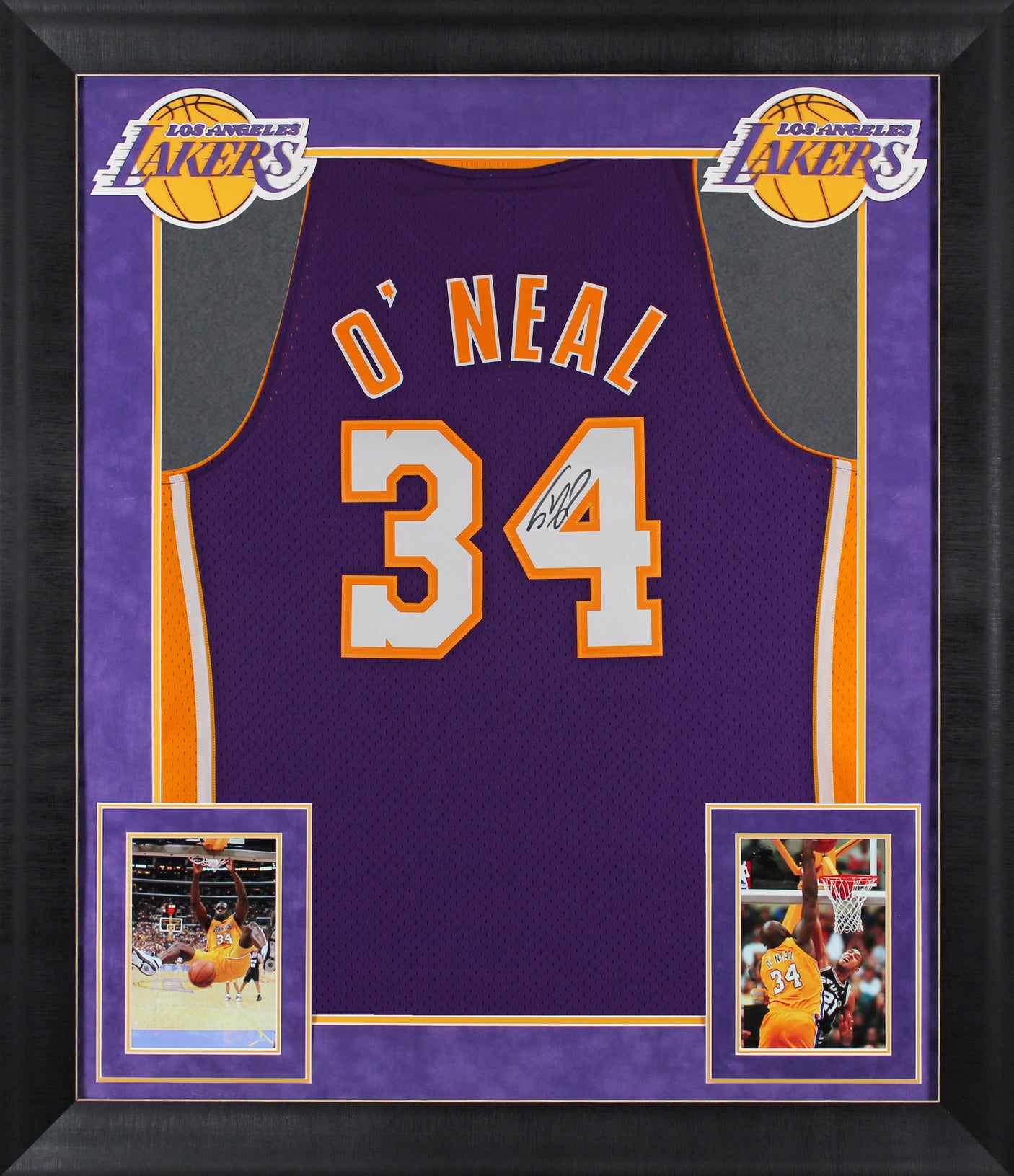 Lakers Shaquille O'Neal Signed Purple M&N 99-00 HWC Swingman Framed Jersey BAS W