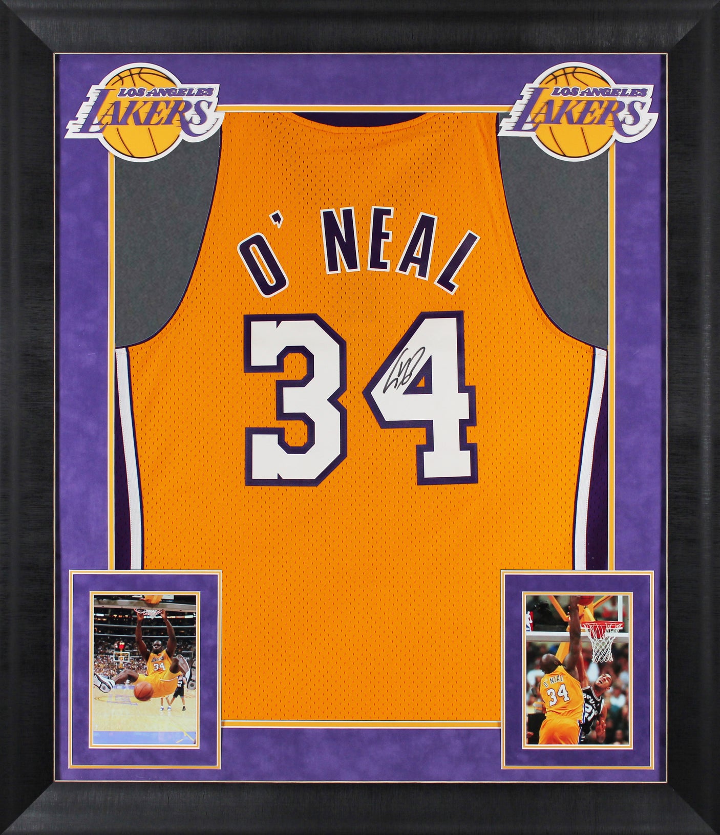 Lakers Shaquille O'Neal Signed Yellow M&N 99-00 HWC Swingman Framed Jersey BAS W