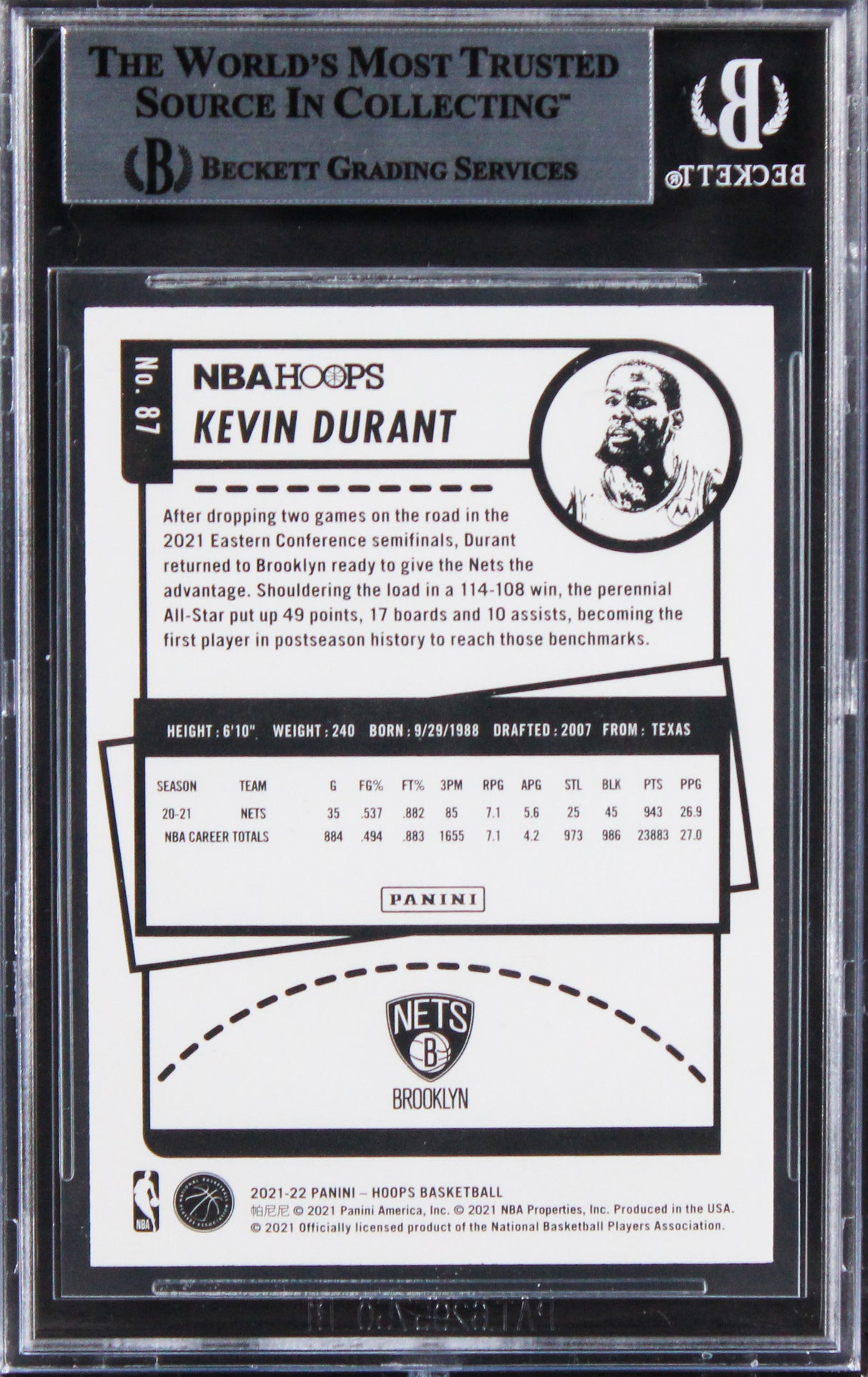 Nets Kevin Durant Authentic Signed 2021 Hoops #87 Card BAS Slabbed