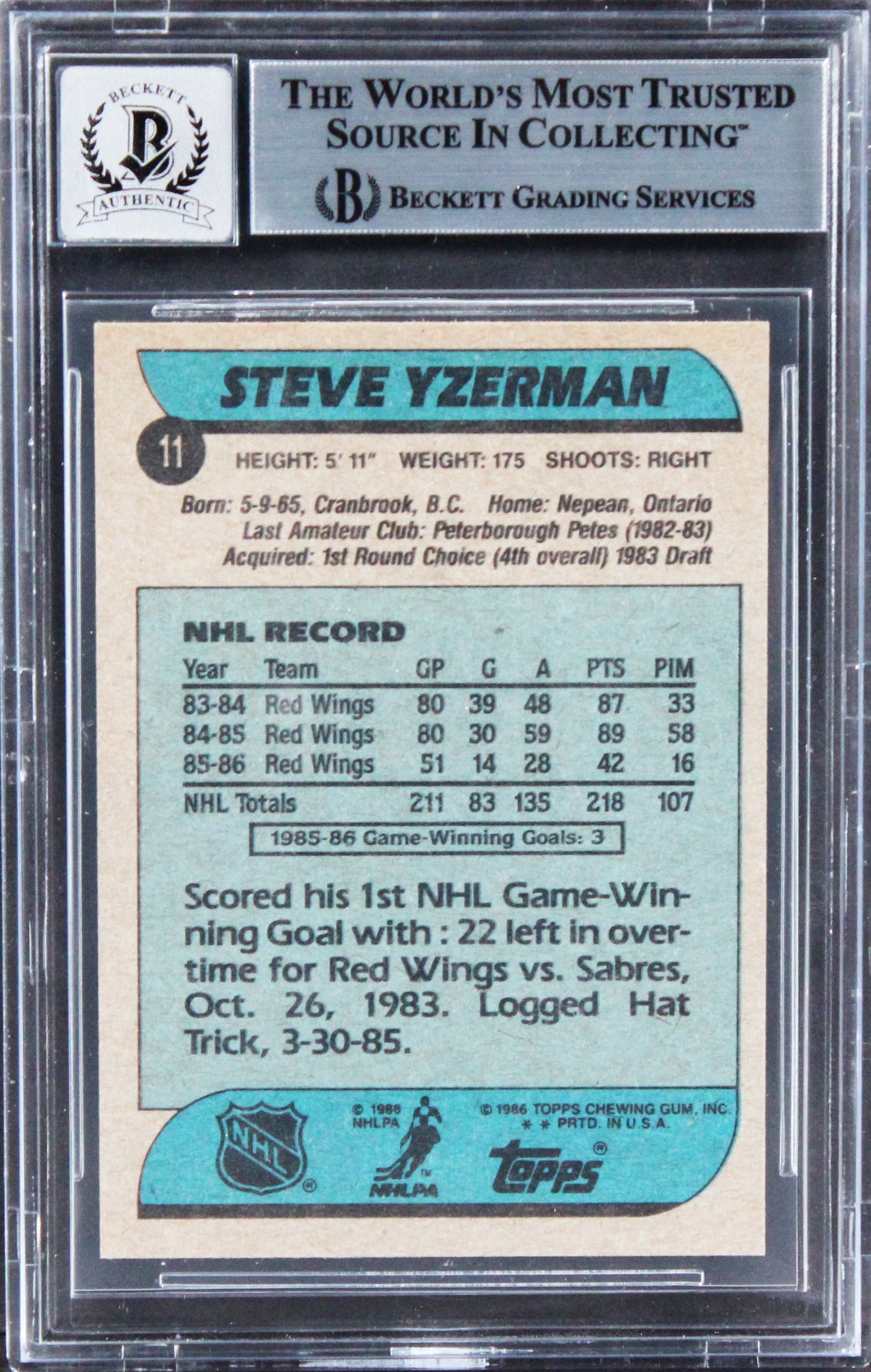 Red Wings Steve Yzerman Signed 1986 Topps #11 Card Auto 10! BAS Slabbed