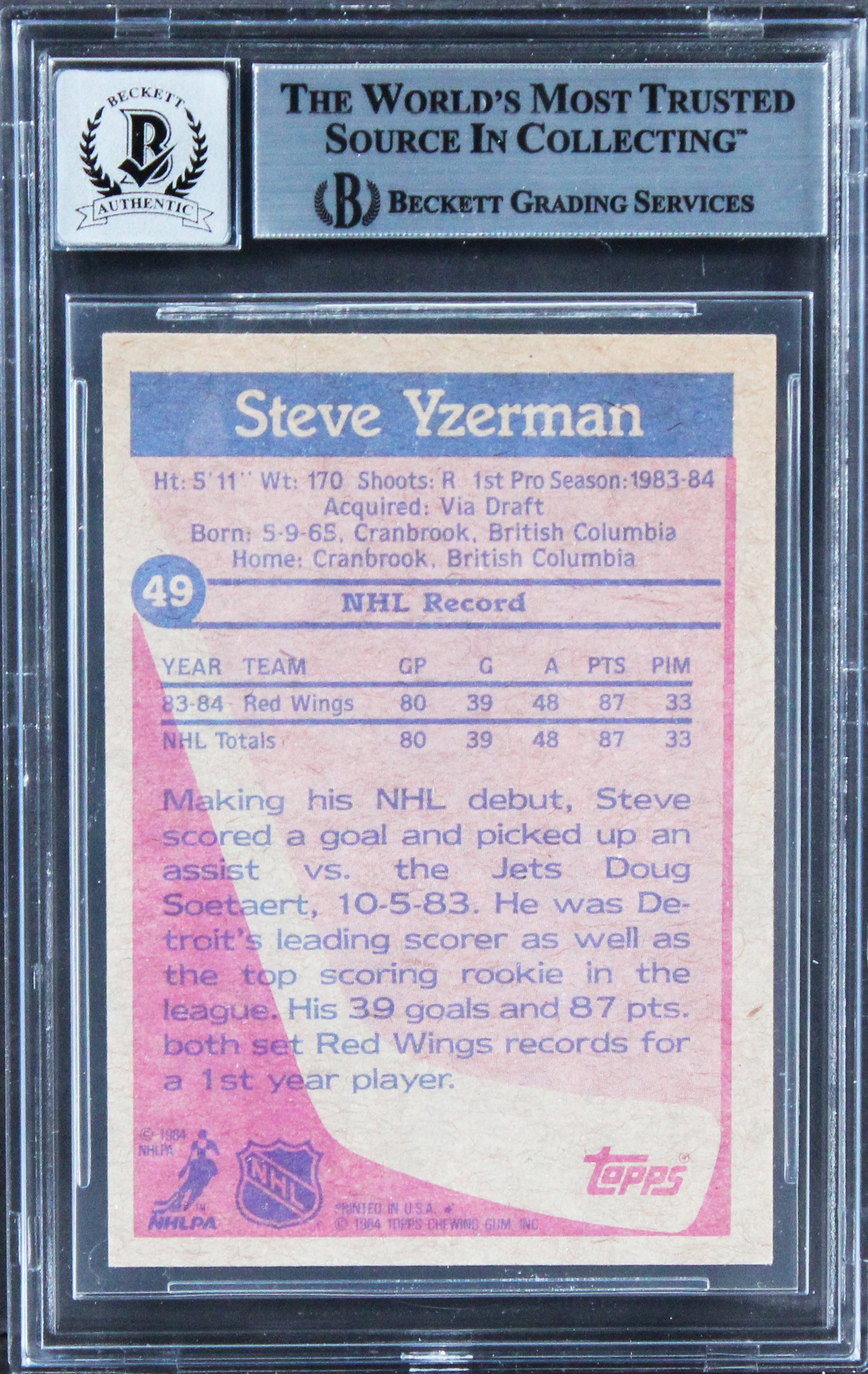 Red Wings Steve Yzerman Signed 1984 Topps #49 Card Auto Graded 10! BAS Slabbed