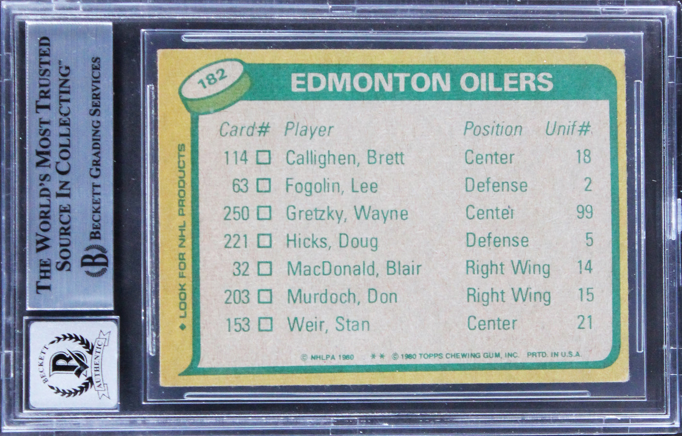 Oilers Wayne Gretzky Authentic Signed 1980 Topps #182 Card Auto 10! BAS Slabbed