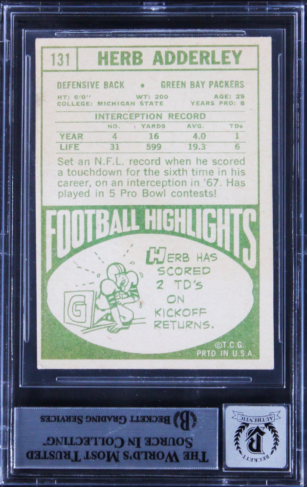Packers Herb Adderley Authentic Signed 1968 Topps #131 Card Auto 10! BAS Slabbed