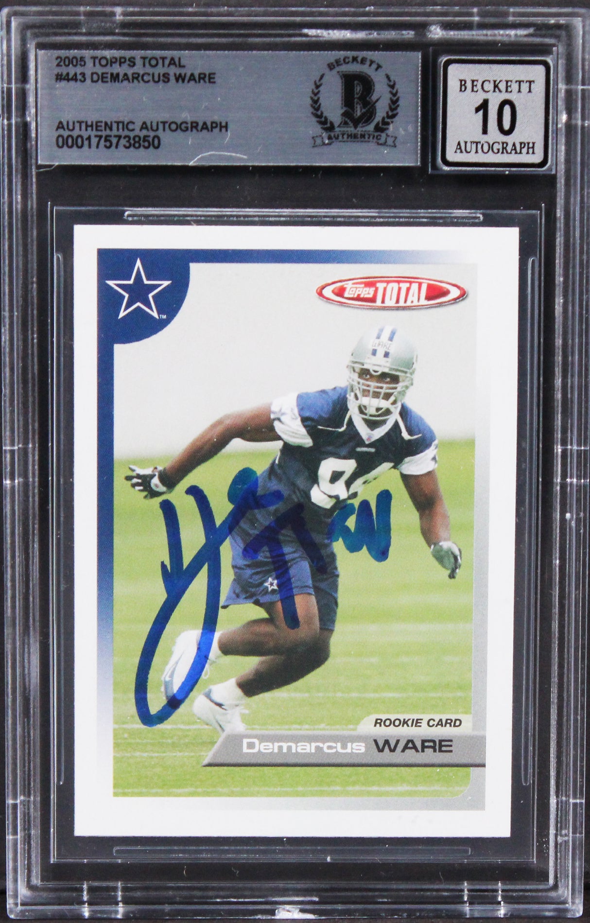 Cowboys DeMarcus Ware Signed 2005 Topps Total #443 RC Card Auto 10! BAS Slabbed