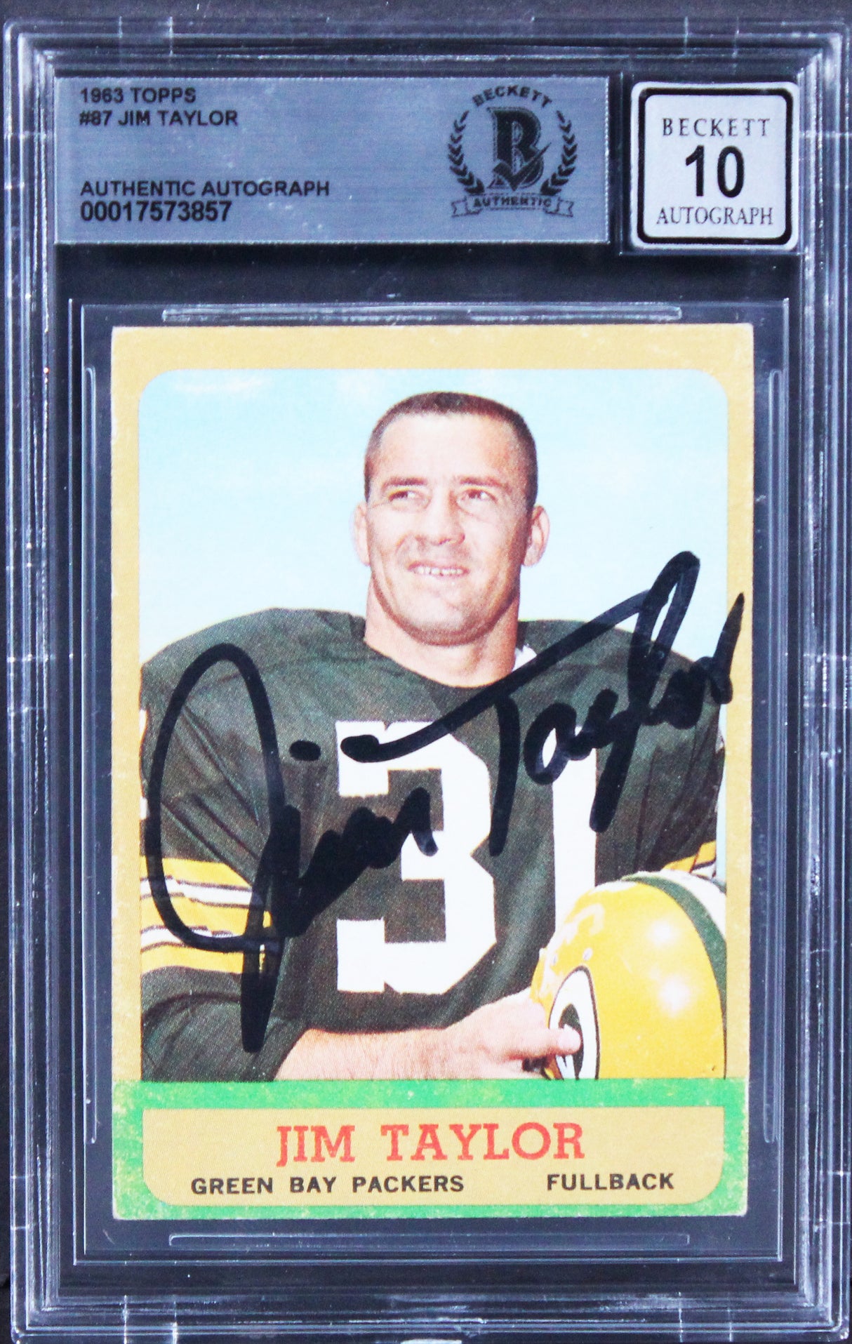 Packers Jim Taylor Authentic Signed 1963 Topps #87 Card Auto 10! BAS Slabbed