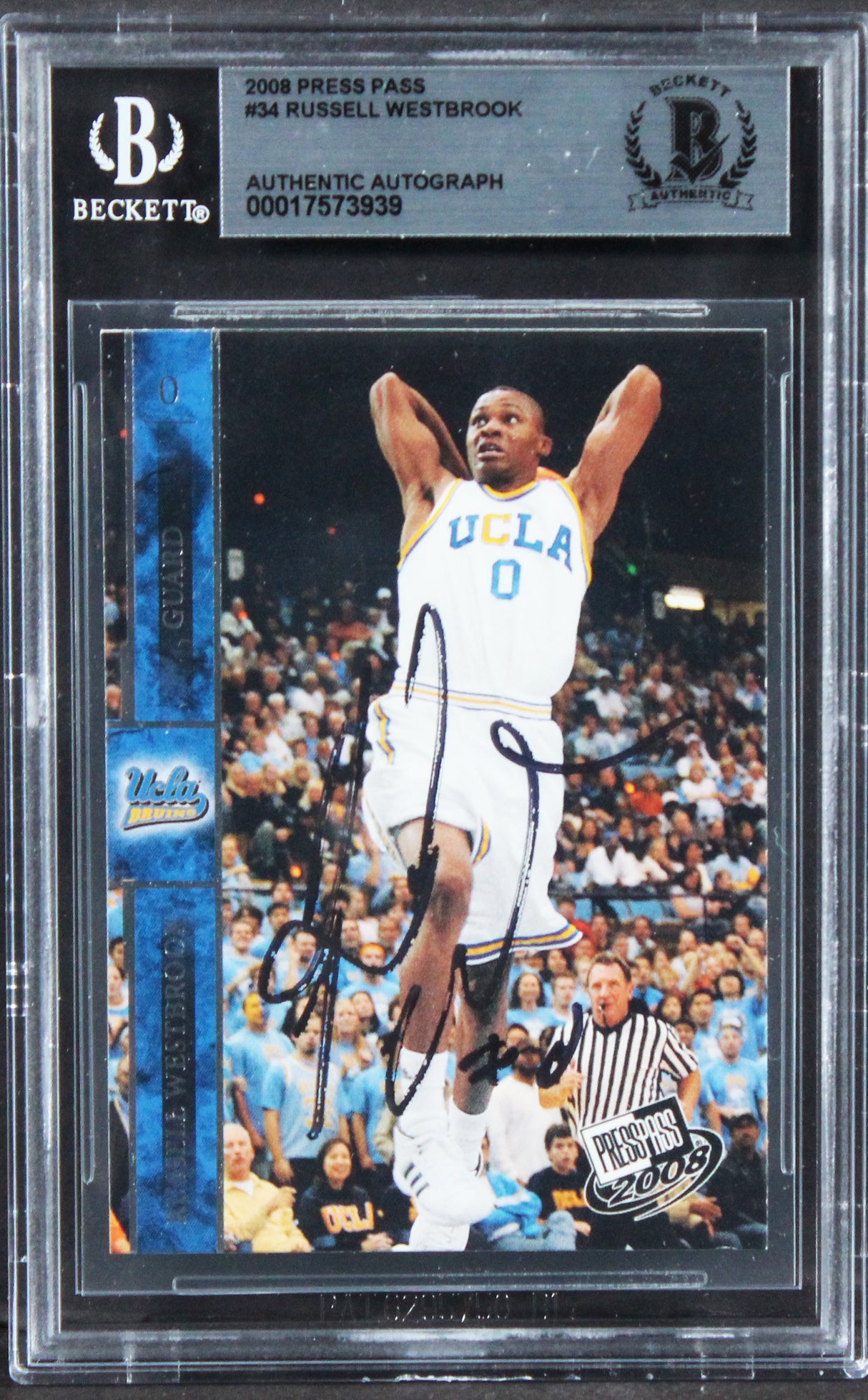 Thunder Russell Westbrook Signed 2008 Press Pass #34 Rookie Card BAS Slabbed