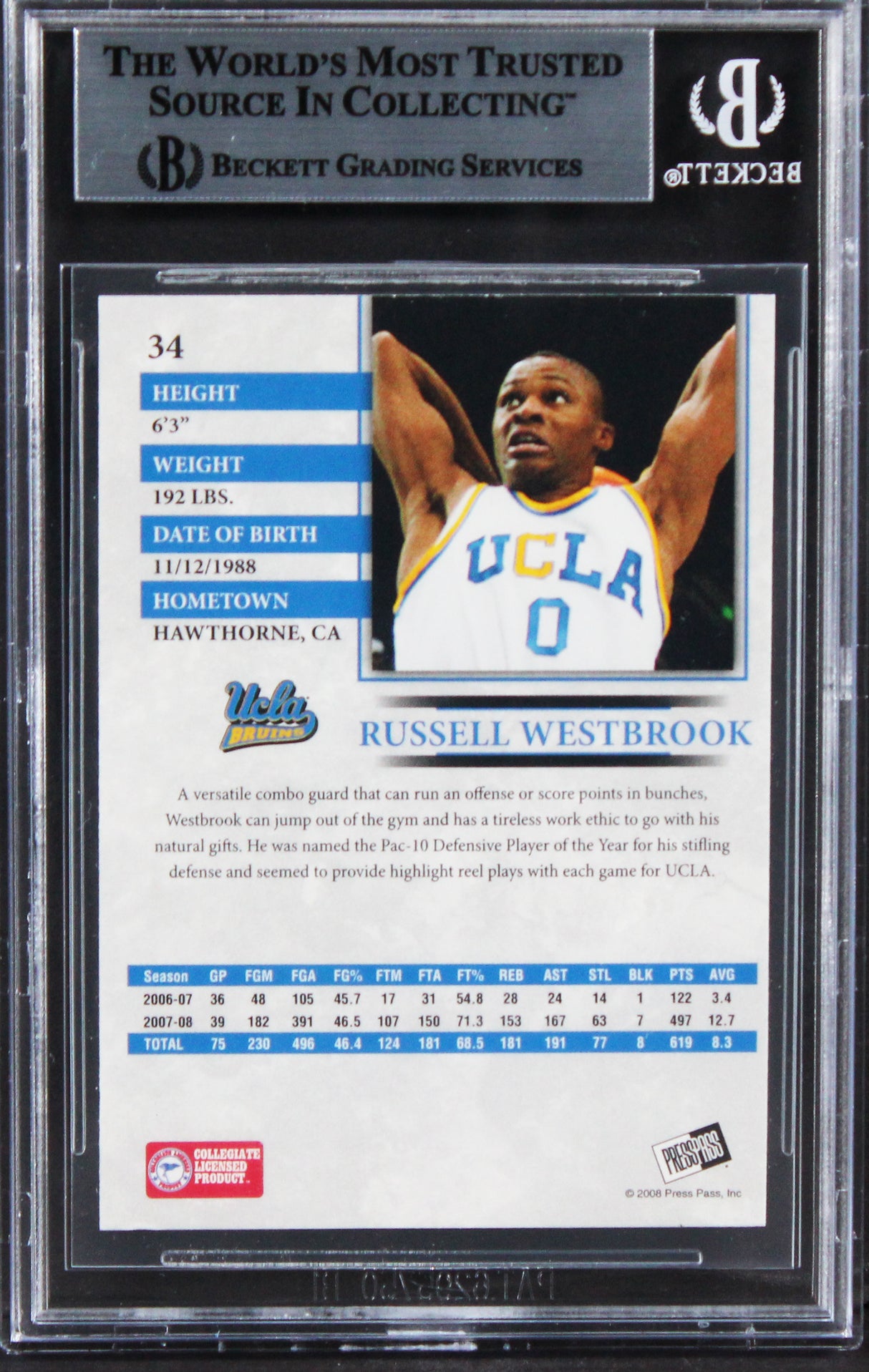 Thunder Russell Westbrook Signed 2008 Press Pass #34 Rookie Card BAS Slabbed
