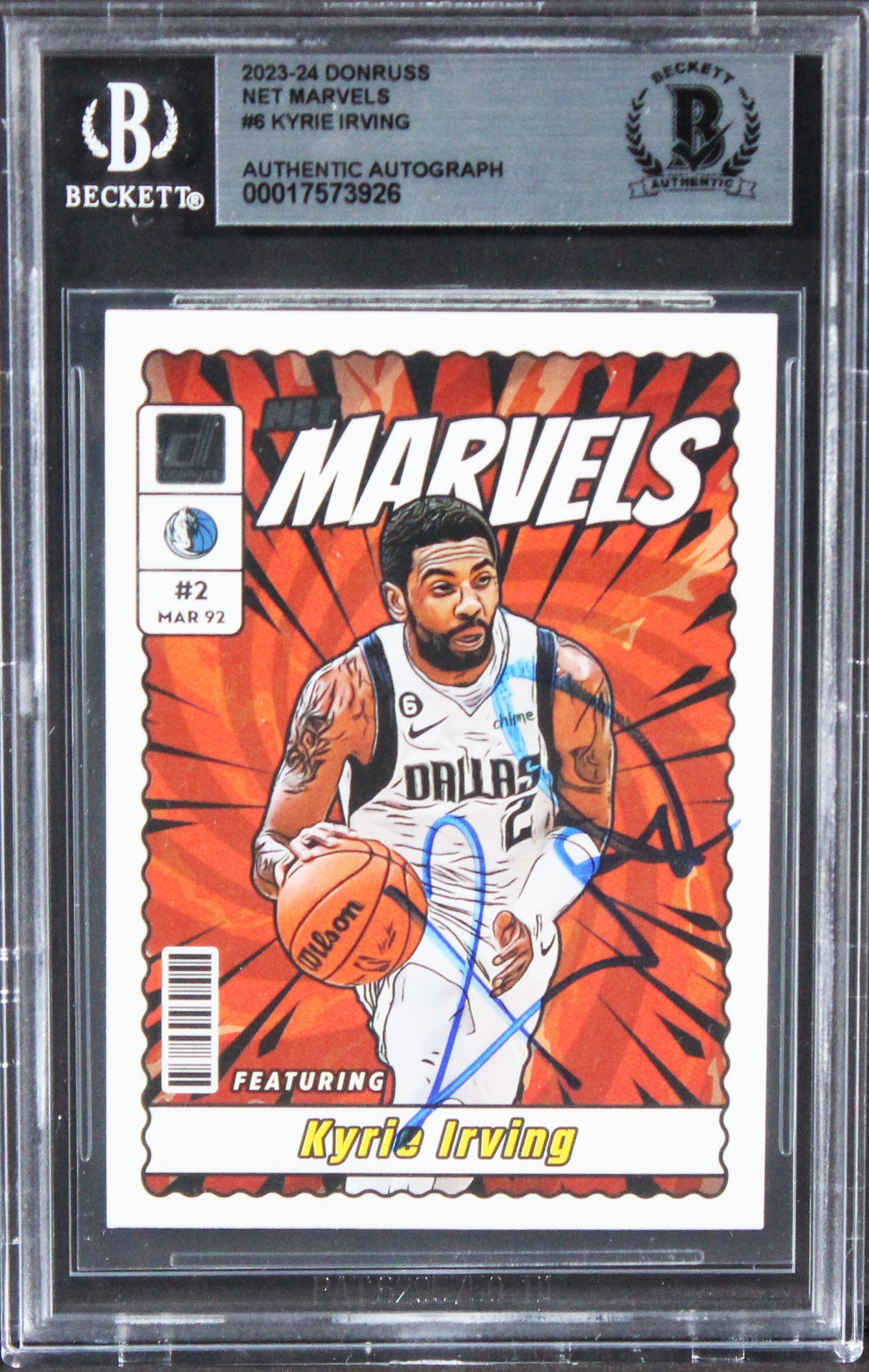 Mavericks Kyrie Irving Signed 2023 Donruss Net Marvels #6 Card BAS Slabbed