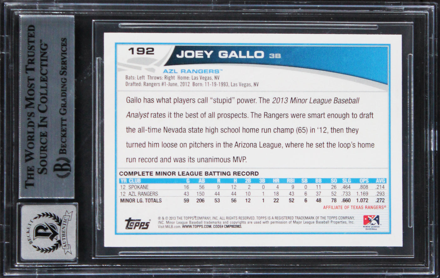 Rangers Joey Gallo Signed 2013 Topps Pro Debut #192 RC Card Auto 10! BAS Slabbed