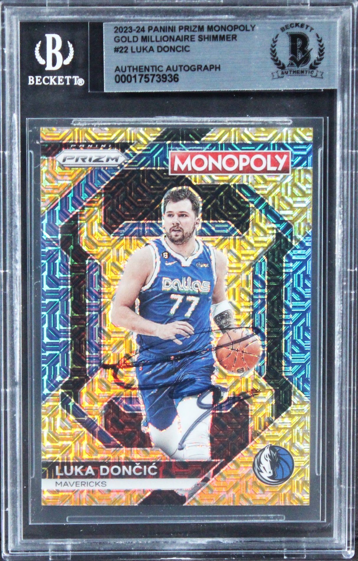 Luka Doncic Signed 2023 Panini Prizm Mono Gold Million Shimmer #22 Card BAS Slab