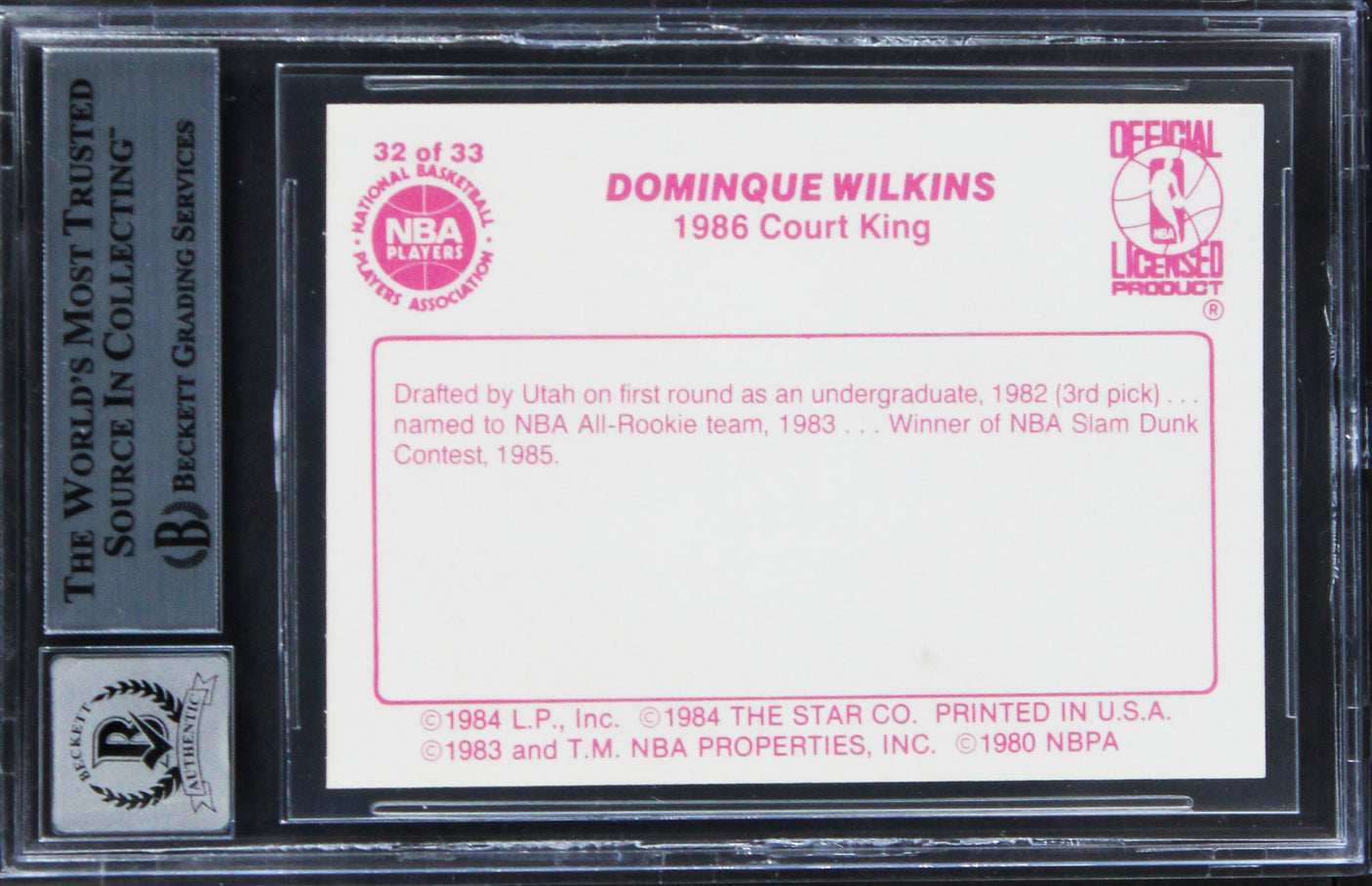 Dominique Wilkins Signed 1986 Star Court Kings #32 UER Card Auto 10! BAS Slabbed