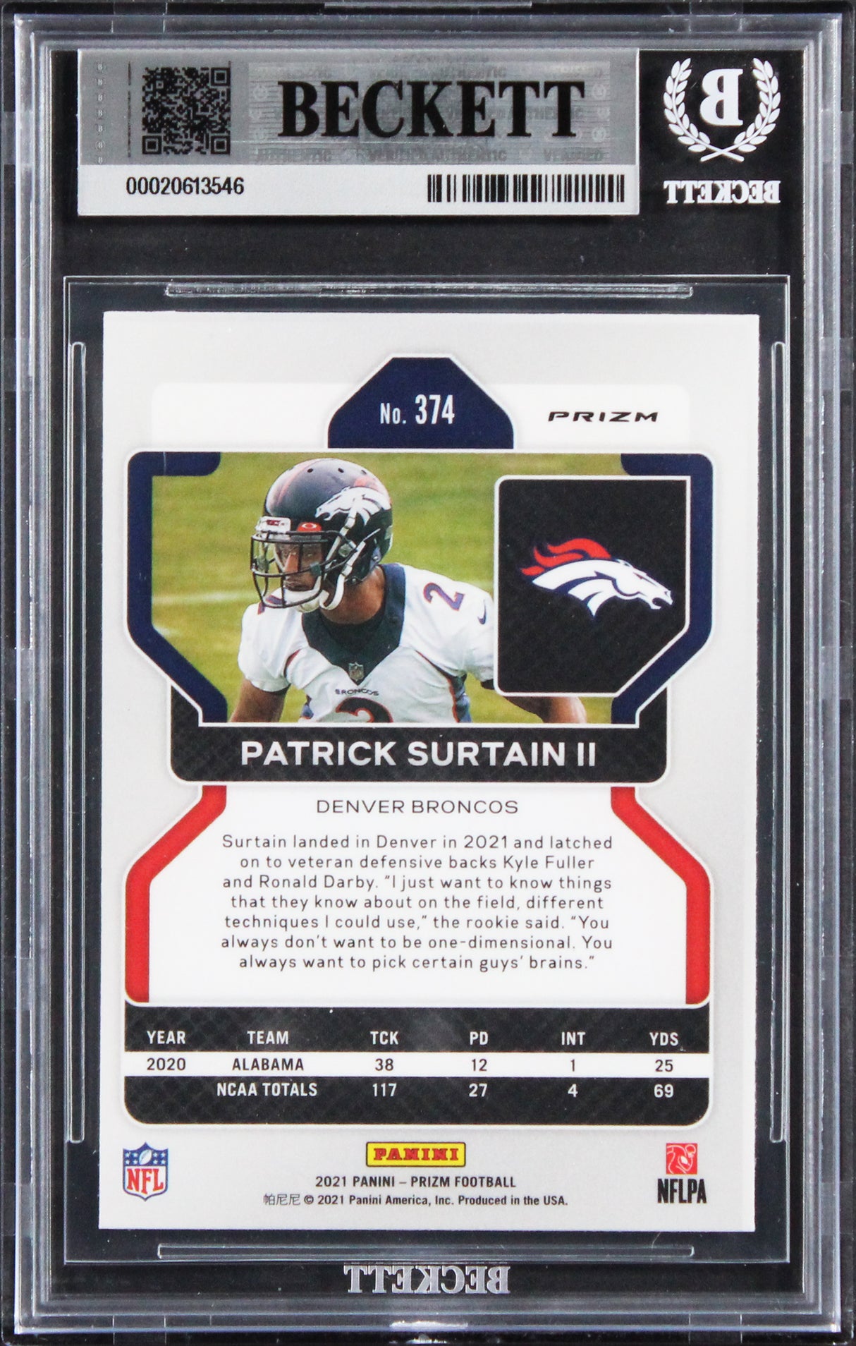 Broncos Patrick Surtain Signed 2021 Panini Prizm RW&B #374 Card Auto 10 BAS Slab