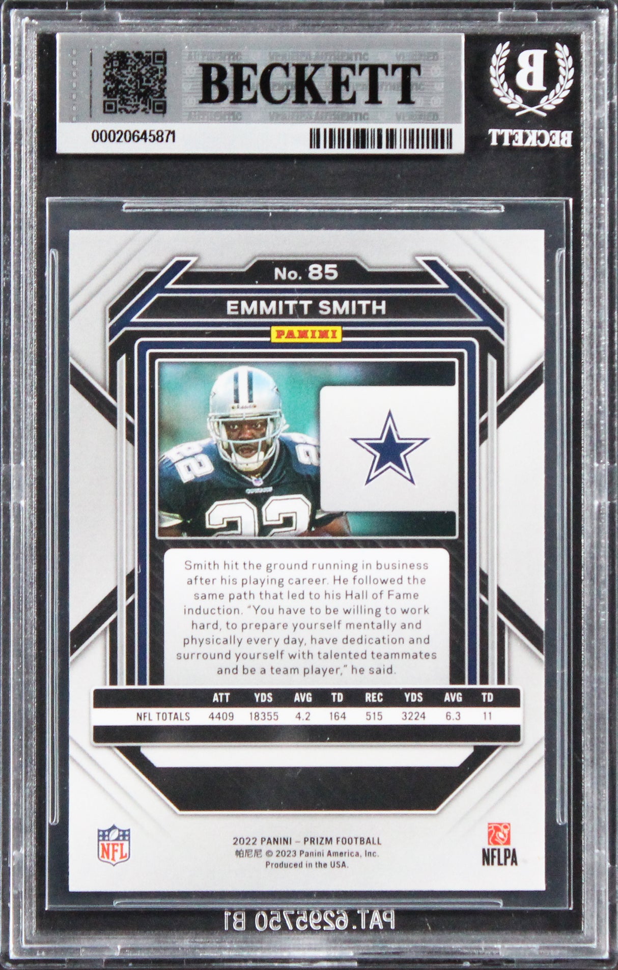 Cowboys Emmitt Smith Signed 2022 Panini Prizm #85 Card Auto GM 10! BAS Slabbed