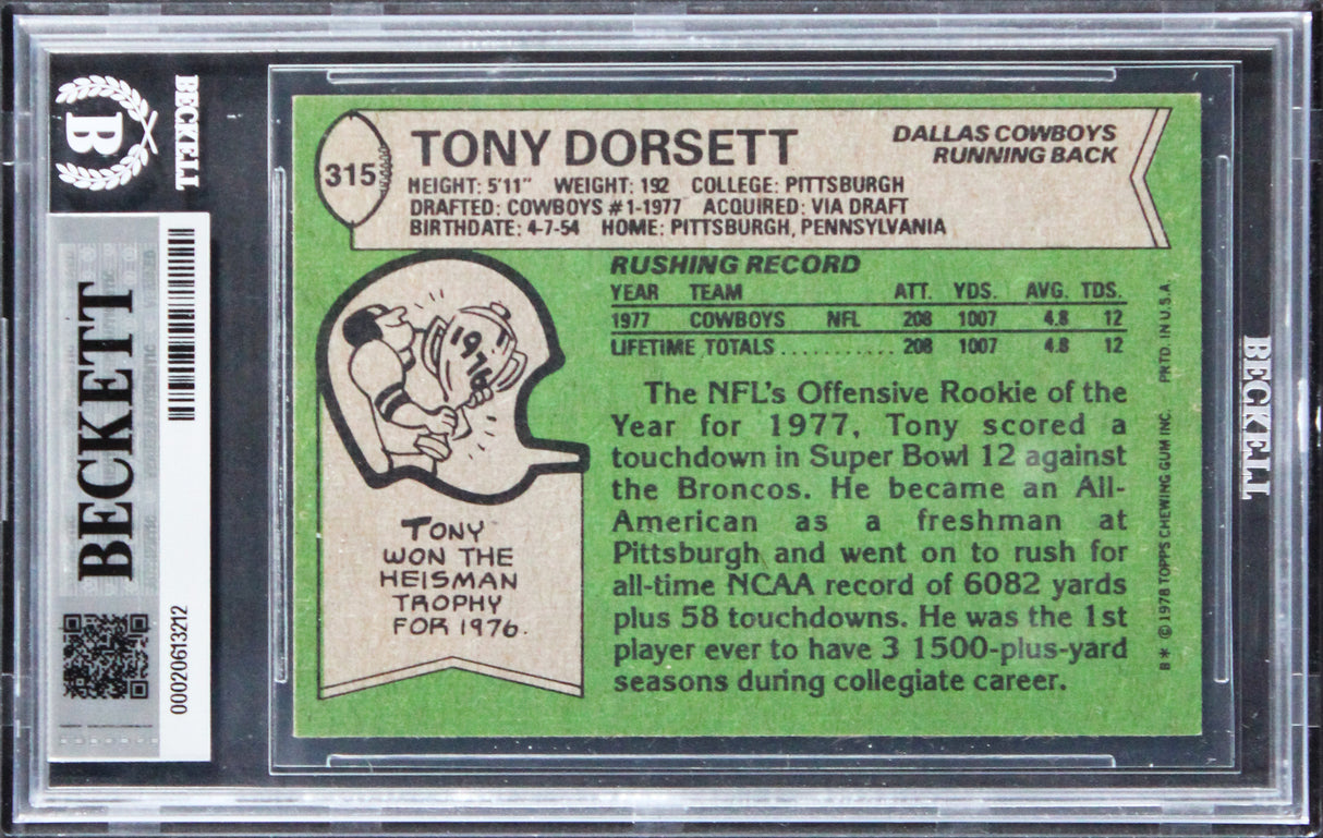 Tony Dorsett "HOF 94 ROY 77" Signed 1978 Topps #315 RC Card Auto 10! BAS Slabbed