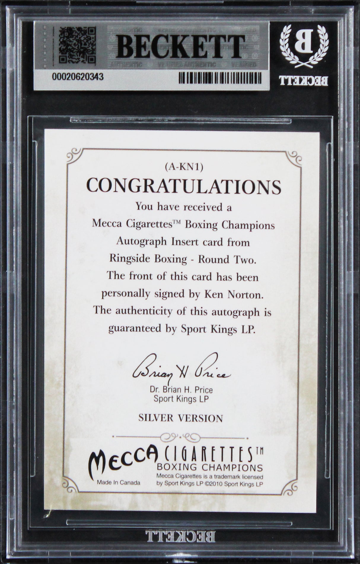 Ken Norton Signed 2011 Ringside Boxing #AKN1 Card Auto Grade GM 10! BAS Slabbed