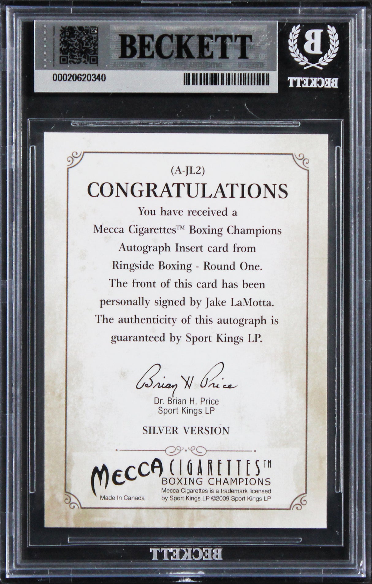 Jake LaMotta Signed 2010 Ringside Boxing #AJL2 Card Auto Grade 10! BAS Slabbed