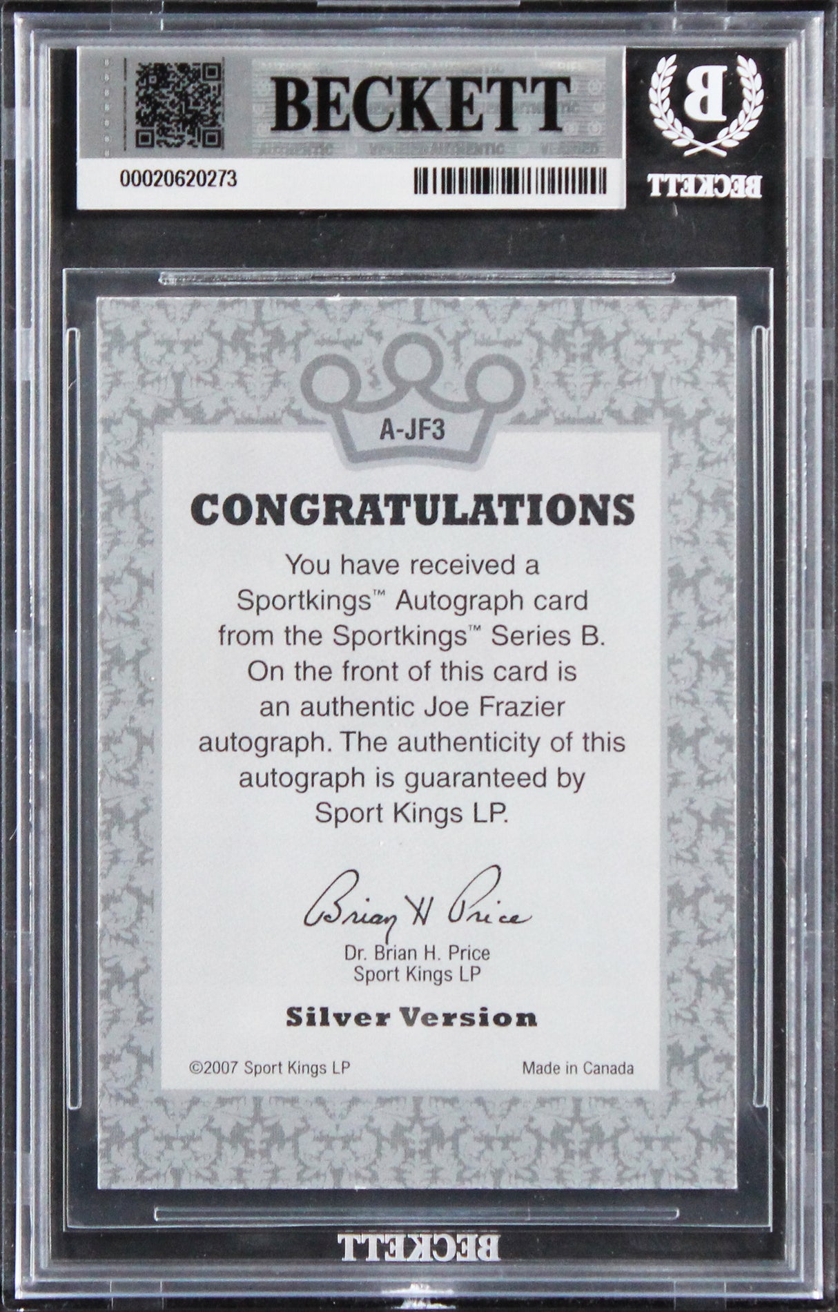 Joe Frazier Signed 2008 Sportkings Silver #JF3 Card Auto Grade 10! BAS Slabbed