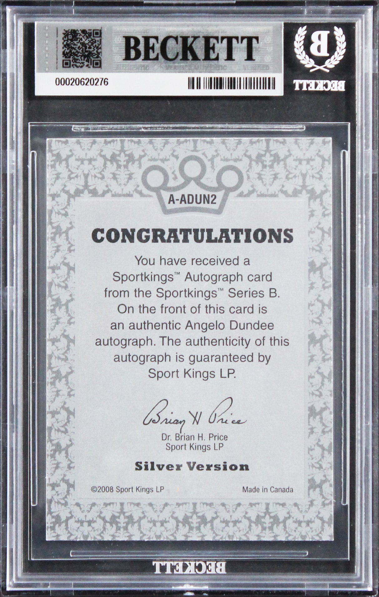 Angelo Dundee Signed 2008 Sportkings Silver #ADUN2 Card Auto GM 10! BAS Slabbed