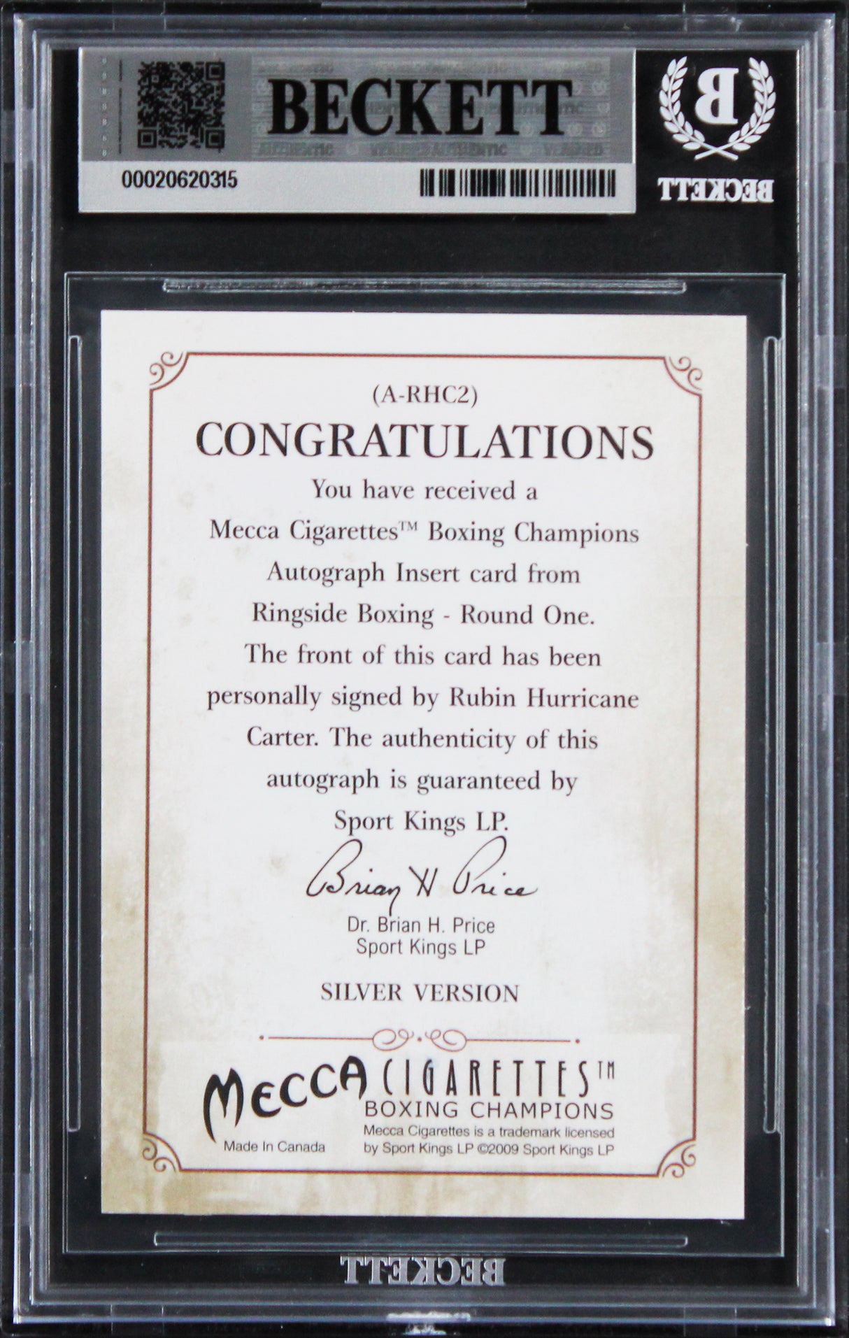 Rubin Carter Signed 2010 Ringside Boxing #ARHC2 Card Auto Grade 10! BAS Slabbed