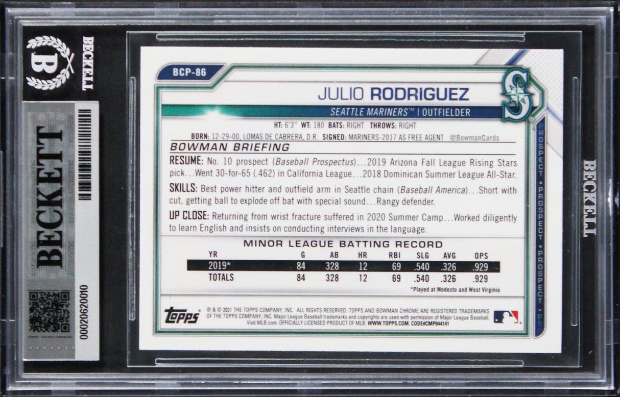 Mariners Julio Rodriguez Signed 2021 Bowman Chrome #BCP86 Card Auto 10! BAS Slab