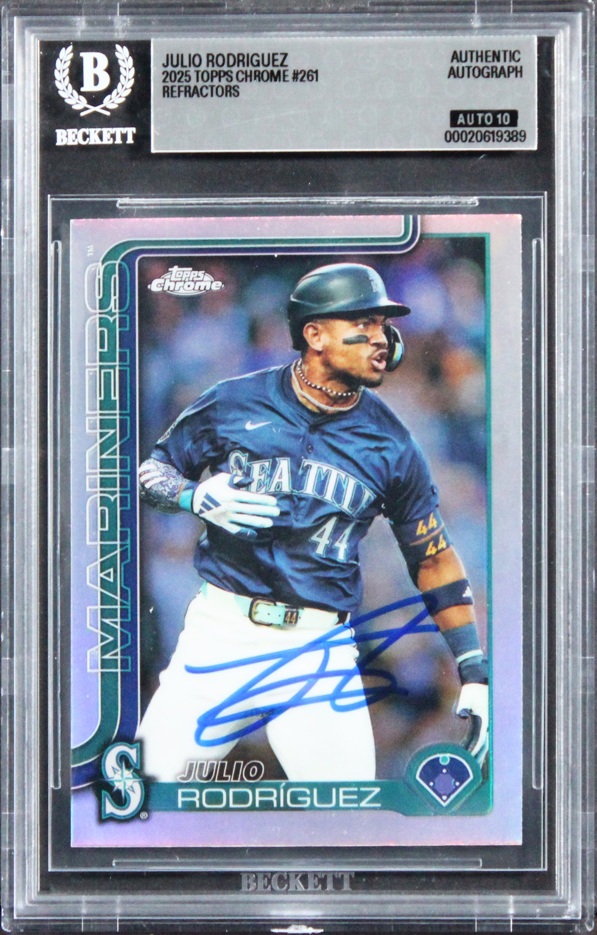 Mariners Julio Rodriguez Signed 2025 Topps Chrome #261 Card Auto 10! BAS Slabbed