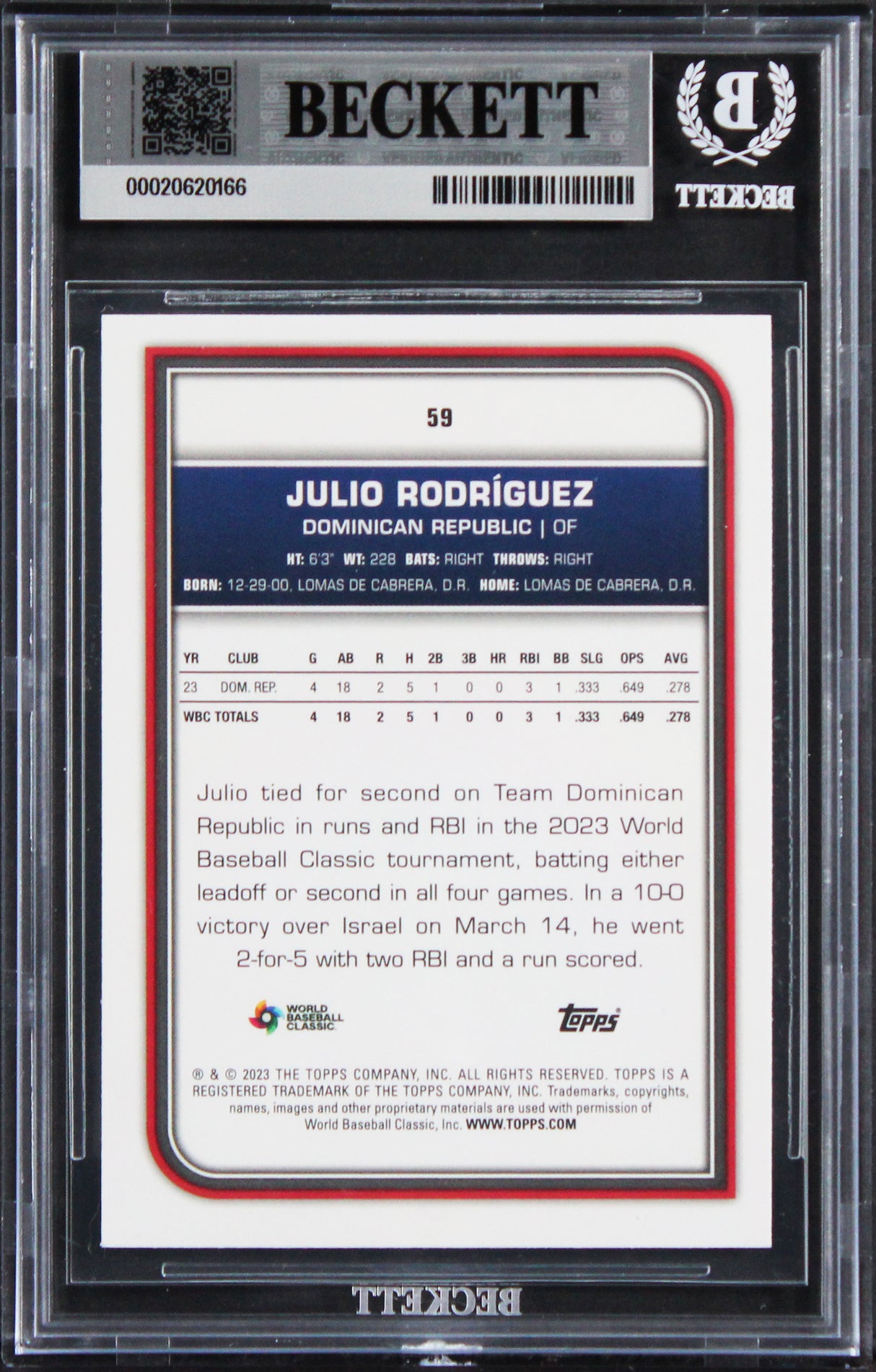 Mariners Julio Rodriguez Signed 2023 Topps WBC #59 Card Auto GM 10! BAS Slabbed