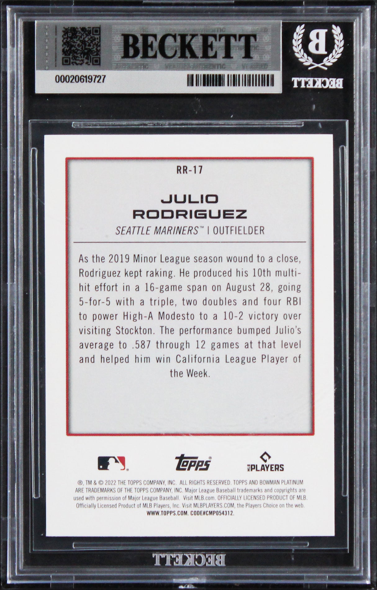 Mariners Julio Rodriguez Signed 2022 Bowman #RR17 Rookie Card Auto 10! BAS Slab